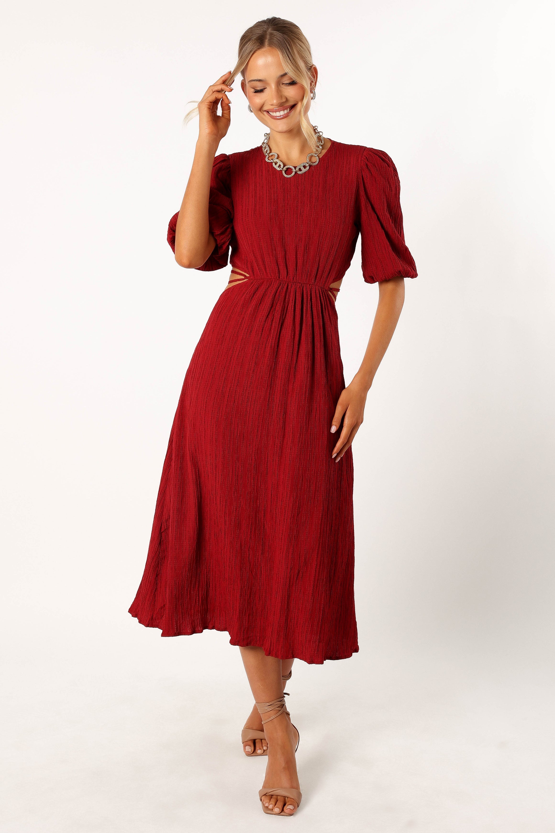 Carina Pleated Midi Dress in Dark Red | Flowy A-Line Skirt for Women | Perfect for Weddings, Parties & Office Wear