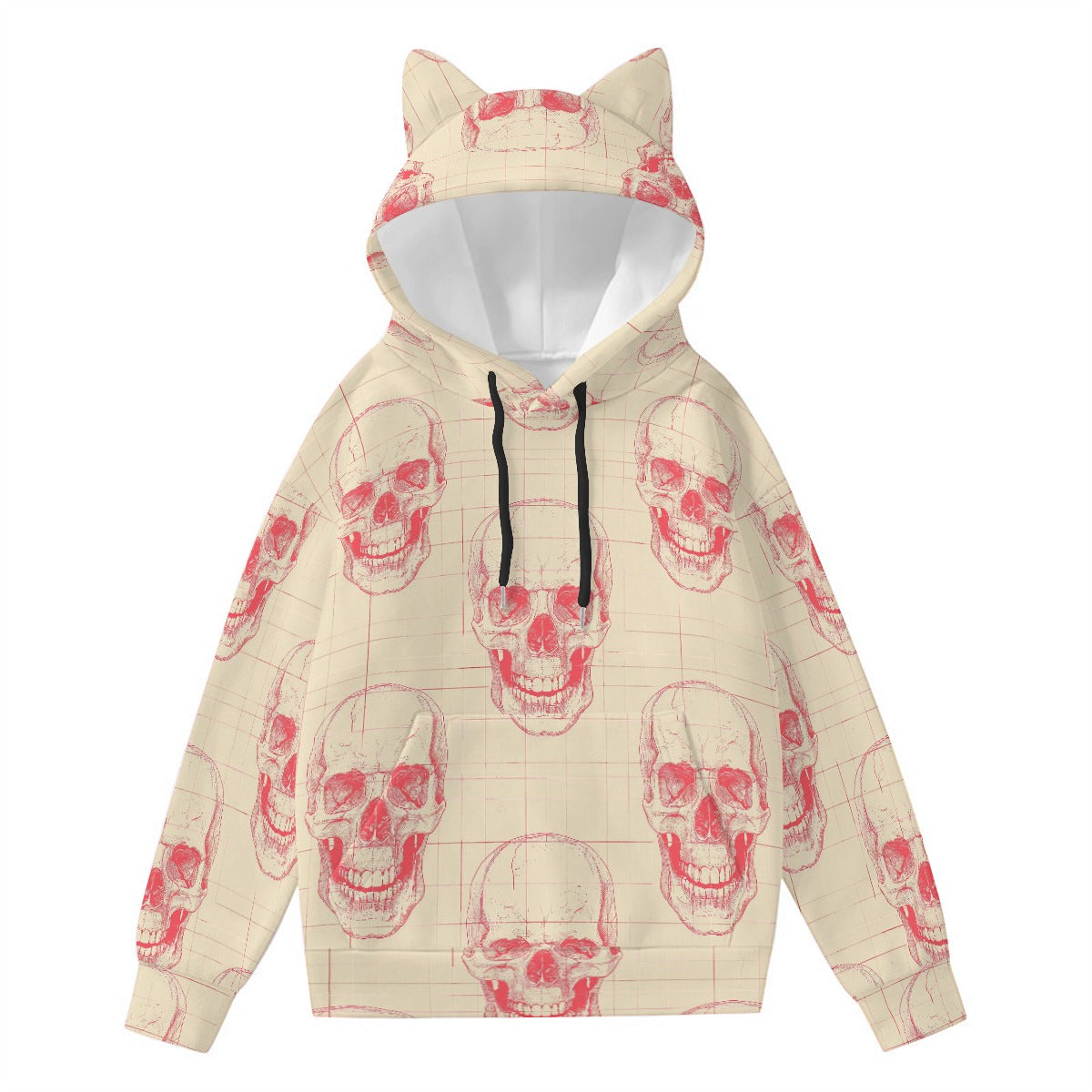 Peachy Skulls Hoodie With Cat Ears - Cute Gothic Kawaii Streetwear for Women | Perfect for Halloween, Cosplay & Casual Wear