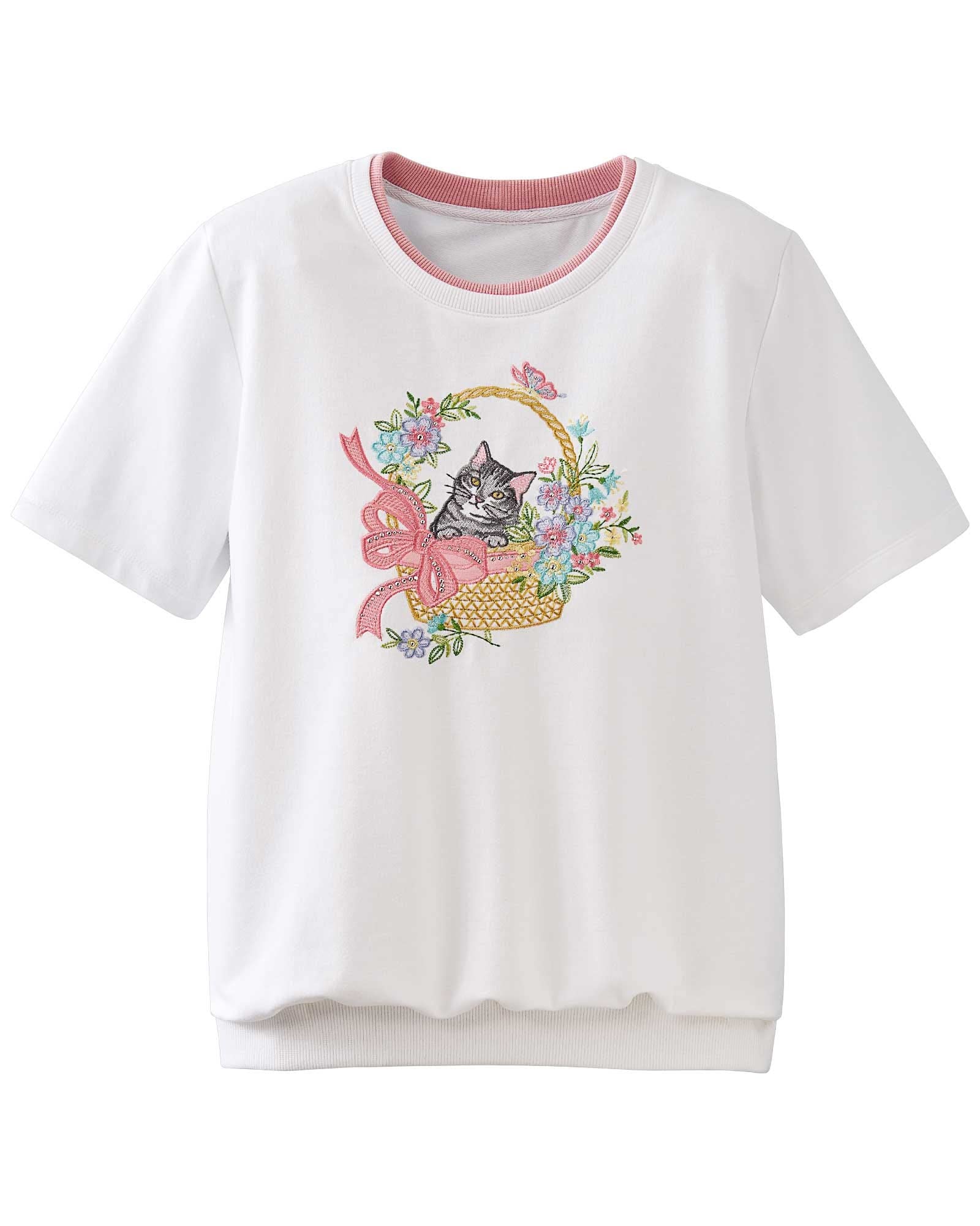 Alfred Dunner Women's Embroidered Short Sleeve Spring Sweater Top - Butterfly & Kitten Design, White 2X, Polyester-Cotton Blend for Casual Wear & Spring Outfits