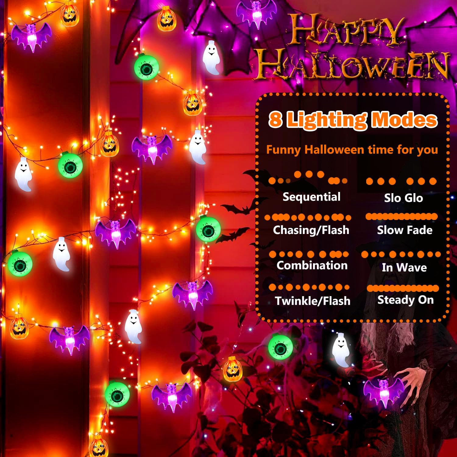 50LED Pumpkin Bat Ghost Eyeball Battery Operated String Lights - Waterproof Fairy Lights for Halloween Party, Home Window, Porch, Gate Decor - Indoor & Outdoor Halloween, Christmas, Garden, Wedding Decorations