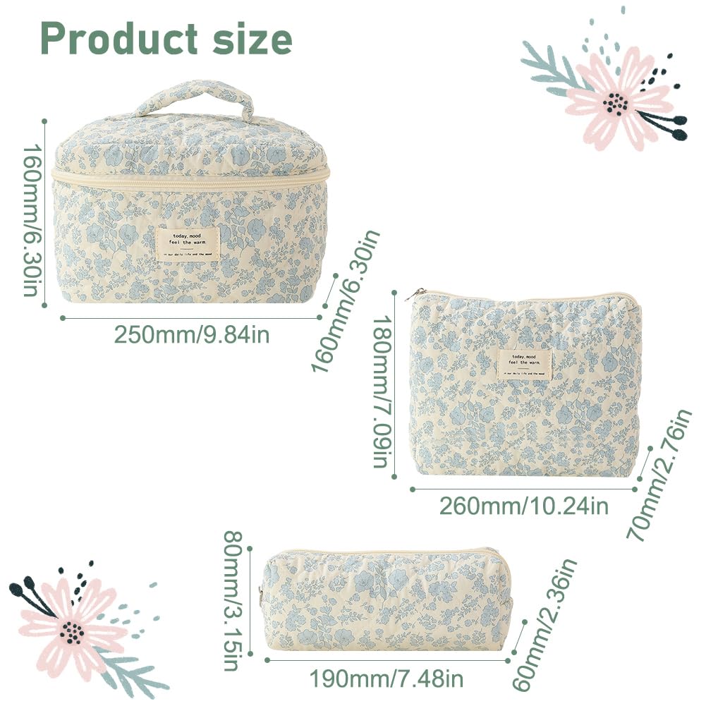 JQWSVE Floral Coquette Makeup Bag - Large Cotton Quilted Cosmetic Pouch for Travel, Toiletries & Essentials | Aesthetic Cute Design for Women & Teens | Perfect for Vacation, Gym, Daily Use & Gift Giving