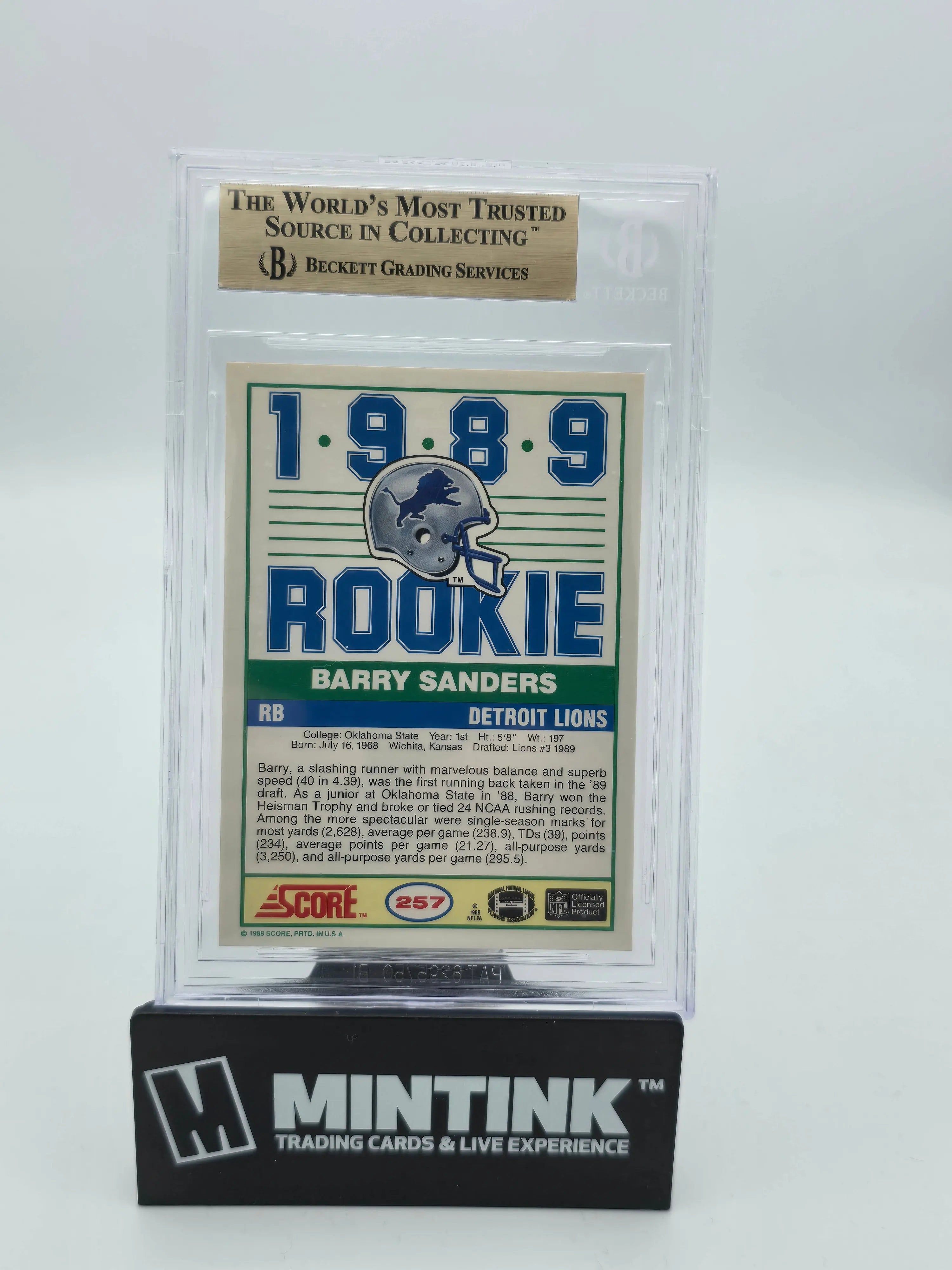 1989 Score Football Barry Sanders Rookie Card #257 BGS 9.5 Gem Mint - Perfect for NFL Collectors & Detroit Lions Fans Display