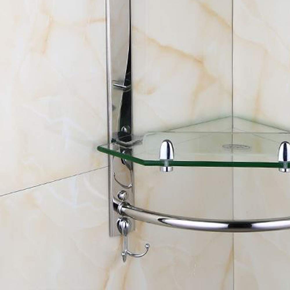 3-Tier Wall Mounted Bathroom Glass Shelf Organizer - Stainless Steel Shower Caddy with Towel Bar & 4 Hooks - Tempered Glass Corner Storage for Bathroom, Shower, Kitchen - Perfect for Small Space Organization
