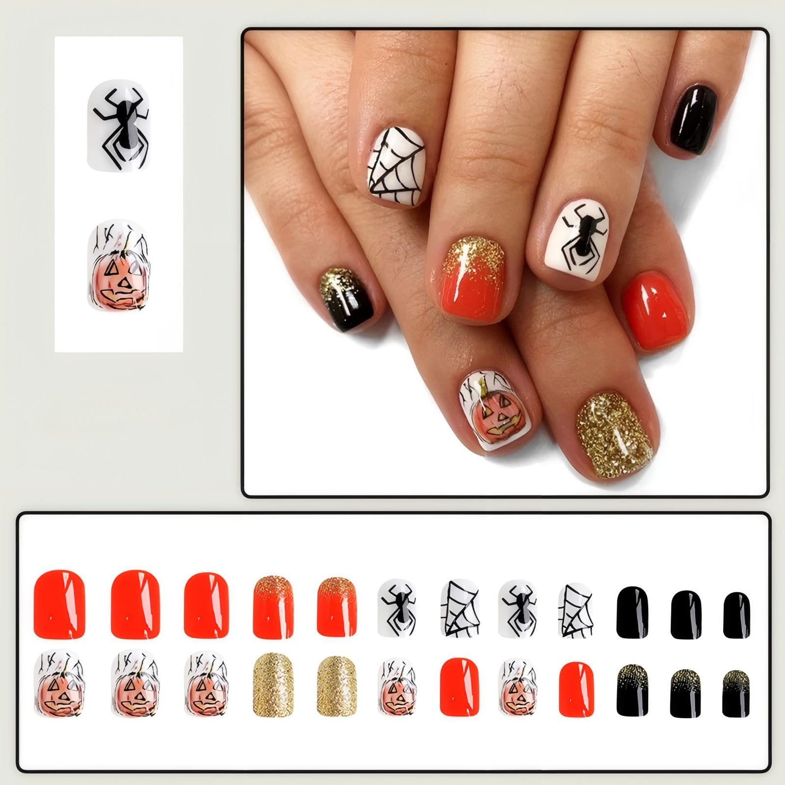 24pcs Halloween Press On Nails - Short Square Fake Nails with Pumpkin & Spider Design, Gold Glitter Acrylic Full Cover False Nails for Women | Perfect for Halloween Parties, Costume Events & Spooky Nail Art