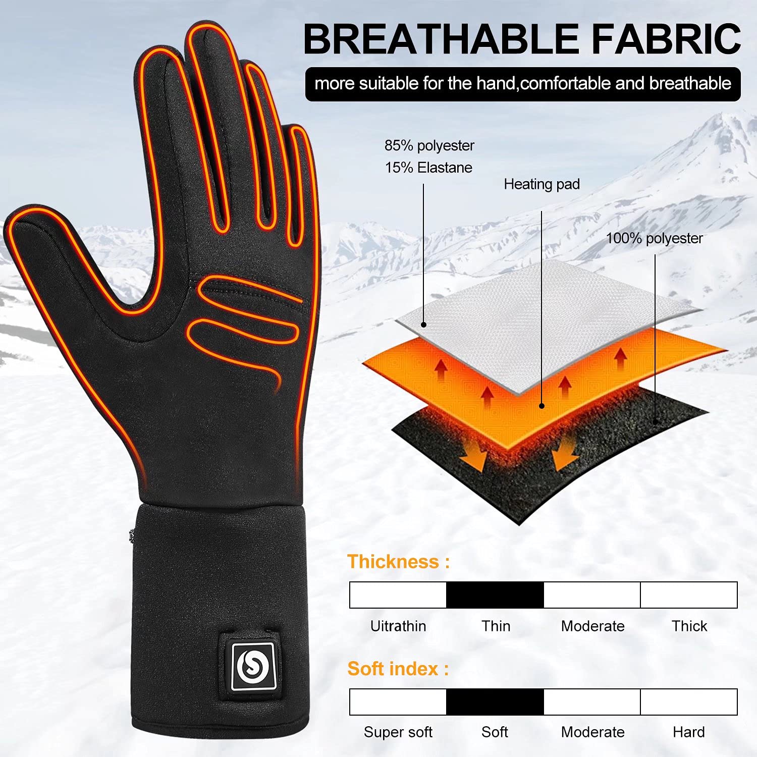 Rechargeable Electric Heated Gloves for Men & Women - Thin Battery-Powered Winter Work Gloves for Outdoor Activities, Skiing, and Cold Weather Protection
