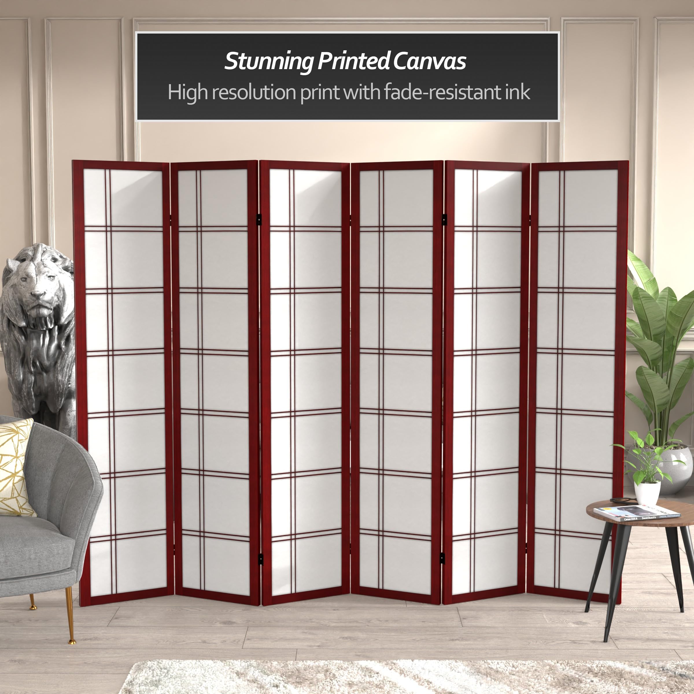 6 ft Tall Red Lantern Canvas Double Cross Rosewood Room Divider - 6 Panel Folding Screen for Home Decor, Office Partition & Event Backdrop