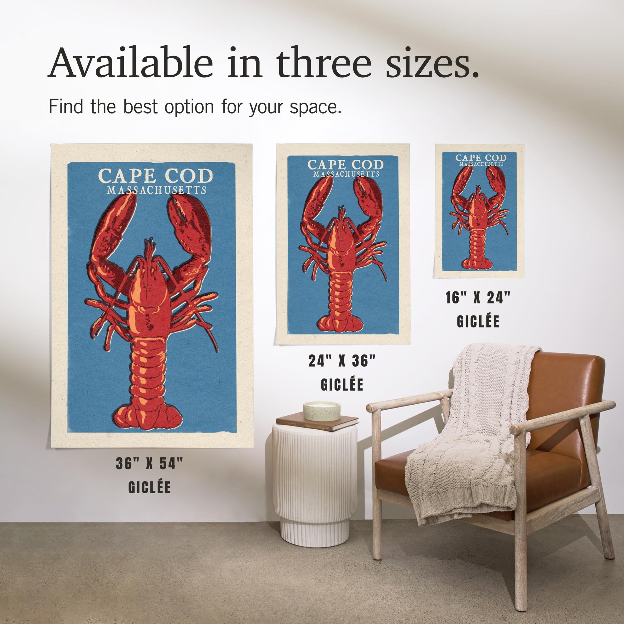 Lantern Press 16x24 Inch Giclee Art Print - Cape Cod Massachusetts Coastal Lobster Woodblock Wall Decor - Perfect for Beach House, Living Room or Nautical Themed Spaces