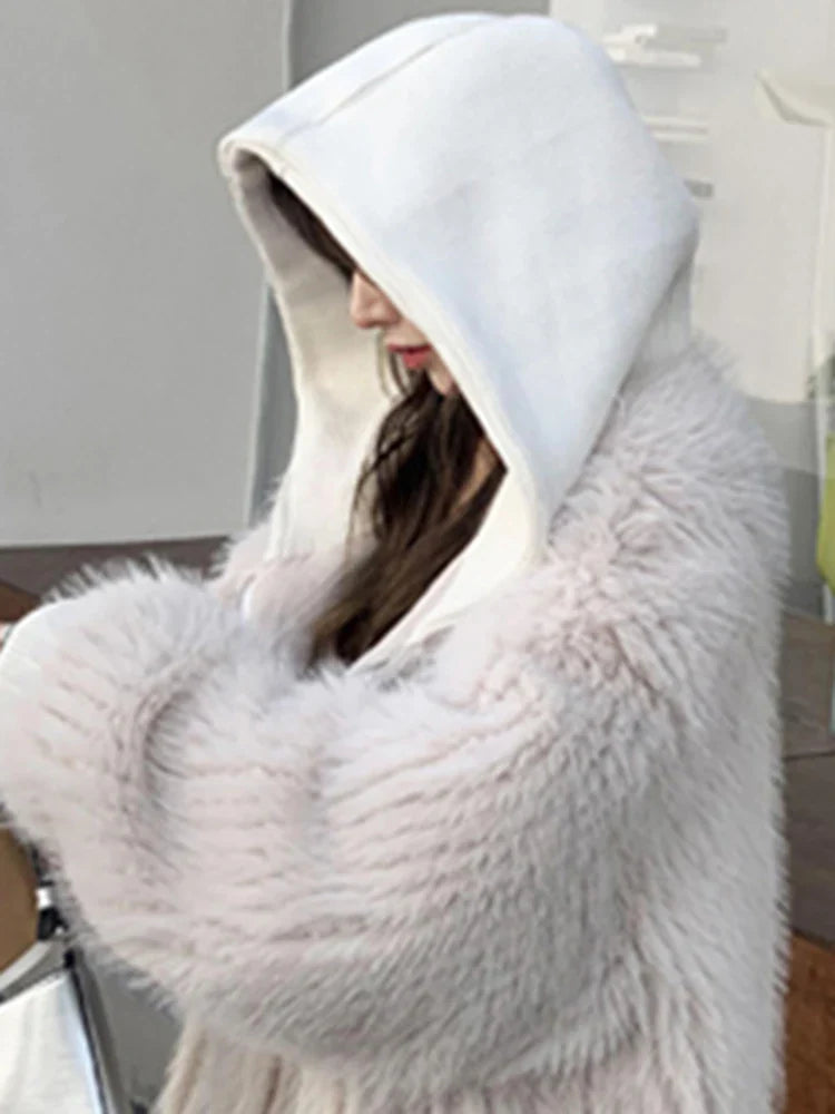 2022 Korean Fashion Women's Faux Fur Coat - Soft Warm Shaggy Hooded Long Sleeve Zip Up Jacket for Autumn Winter Casual Wear | Perfect for Outdoor Activities, Street Style & Cold Weather Fashion