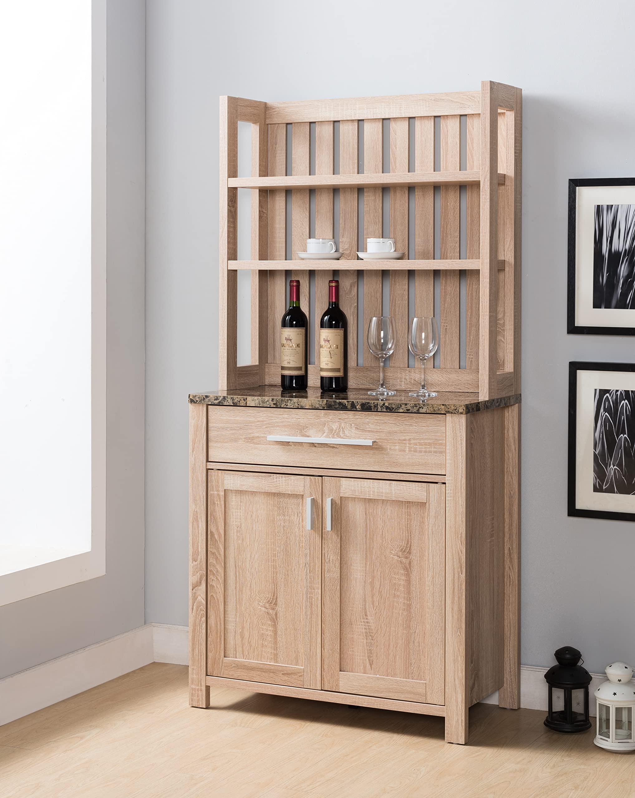 Premium Wooden Wine Cabinet - Bar Storage Cabinet for Kitchen, Dining Room & Pantry - Organize Dishes, Glasses & Bottles - Natural Finish Home Furniture for Entertaining & Storage