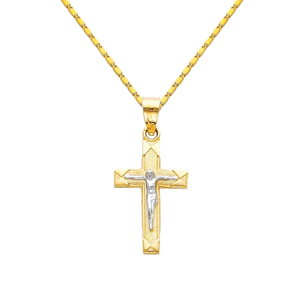 14K Two-Tone Gold Jesus Cross Pendant with 1mm Snail Link Chain Necklace - Religious Jewelry for Women & Men - Perfect for Baptism, First Communion, Confirmation & Daily Wear