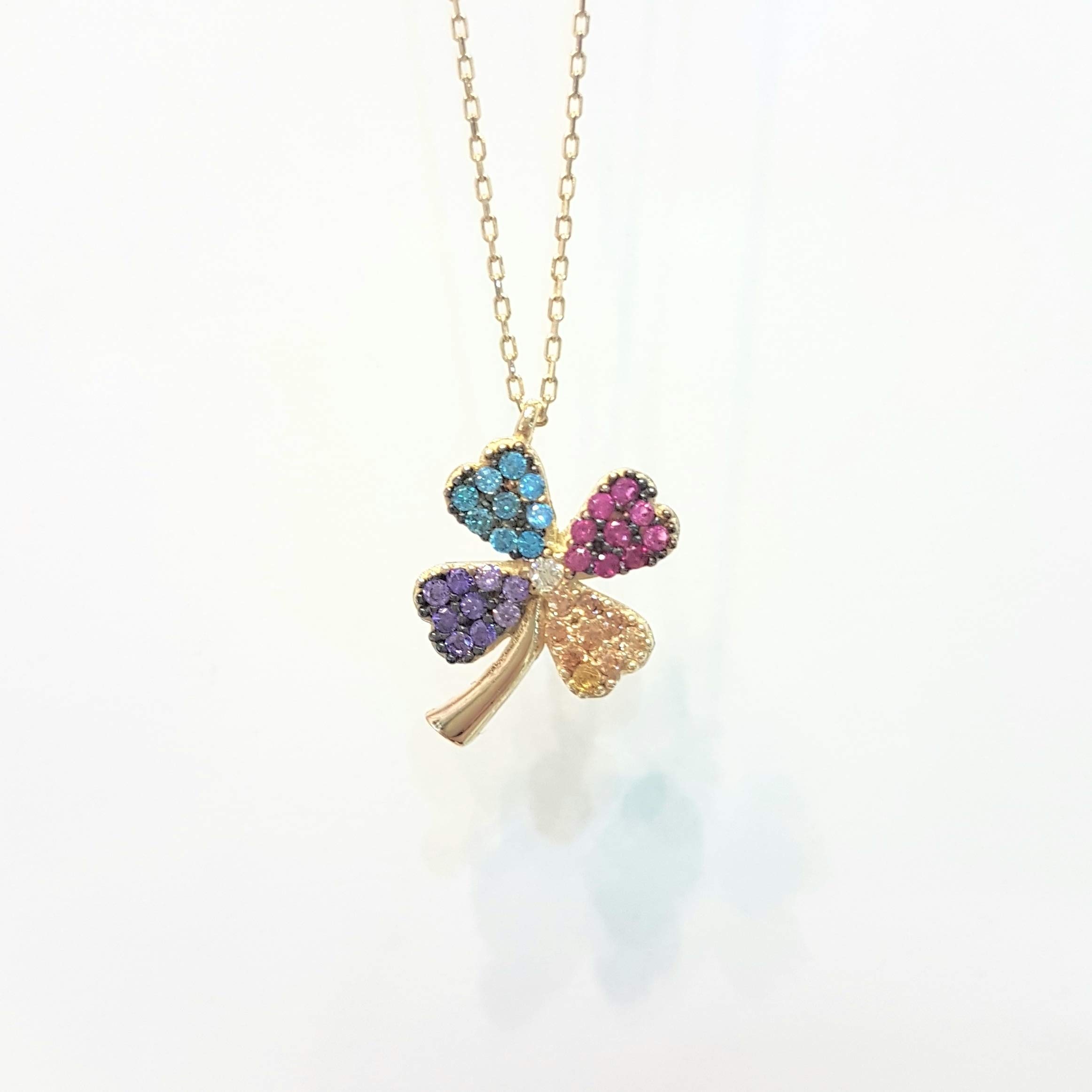 14K Solid Gold Four Leaf Clover Necklace for Women - CZ Multi Color Dainty Pendant Jewelry | Elegant Gift for Mom, Wife, Girlfriend | Perfect for Birthday, Christmas, Anniversary & Everyday Wear