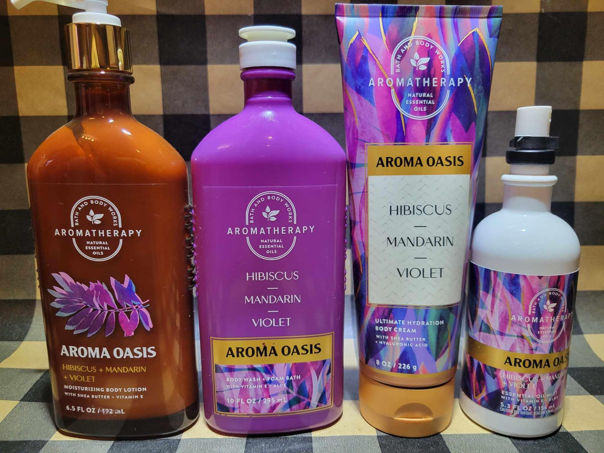 Hibiscus Mandarin Violet Aromatherapy Body Care Set - Moisturizing Body Cream, Lotion, Oil & Mist for Dry Skin - Relaxing Spa & Bath Essentials for Self-Care & Gift Giving