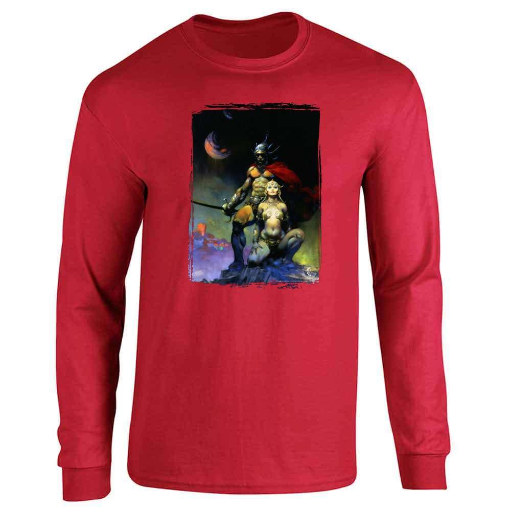 Frank Frazetta Swords of Mars Art Long Sleeve Graphic Tee - Pop Threads Vintage Sci-Fi T-Shirt for Men | Perfect for Comic Con, Fantasy Lovers & Retro Fashion