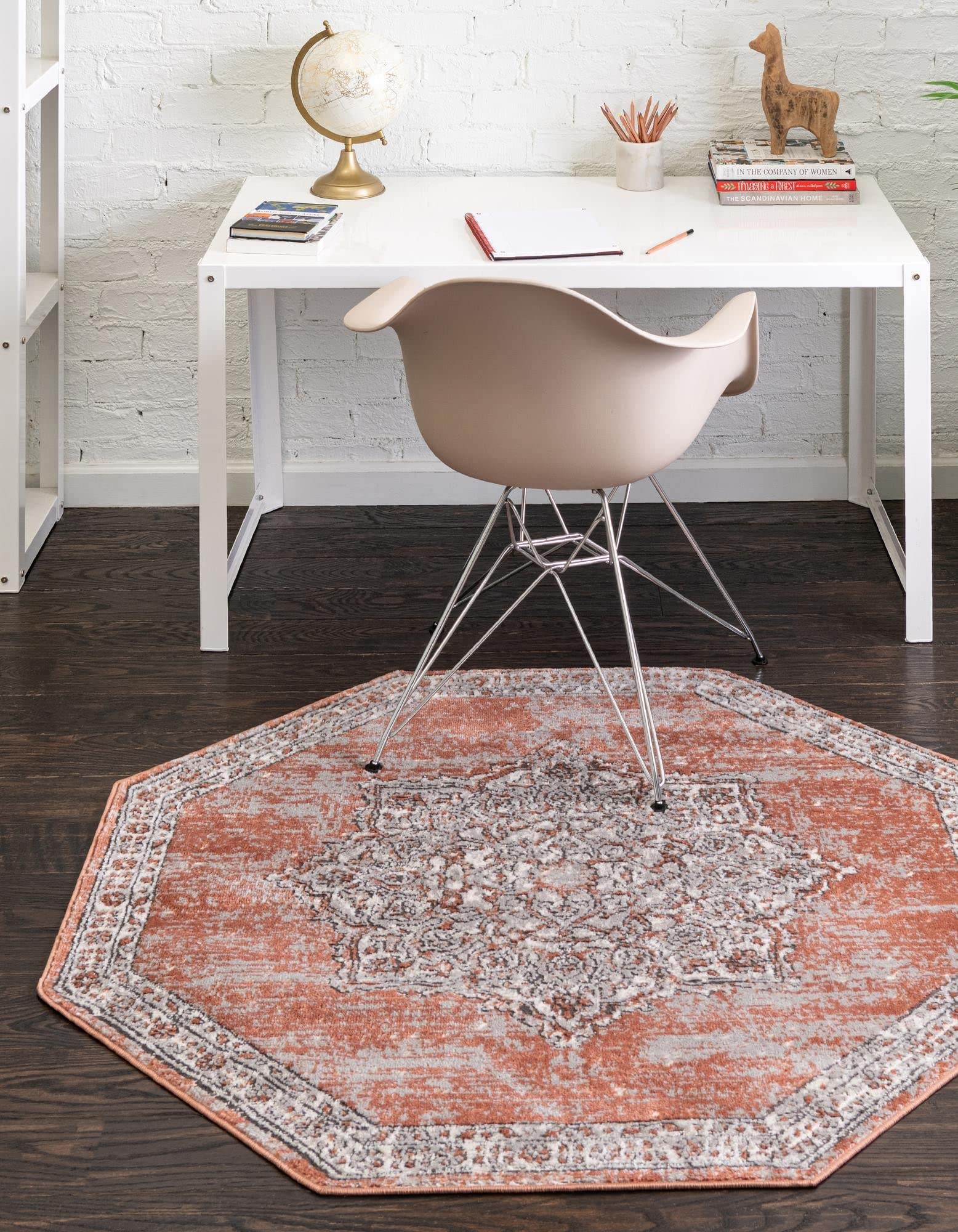 Unique Loom Nyla Collection Octagon Area Rug 7' x 7' - Soft Salmon Pink & Black Geometric Design for Living Room, Bedroom or Office Decor