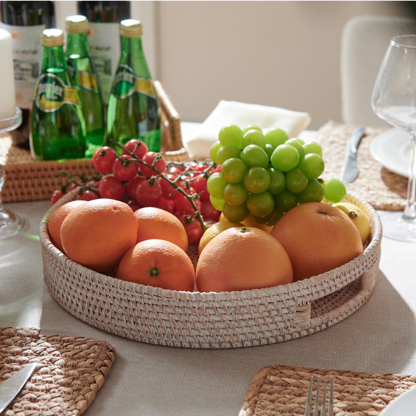 14.2 Inch Round Rattan Tray - Woven Serving Tray with Handles, Whitewashed Ottoman Tray, Wicker Basket for Coffee Table, Dining, and Home Decor | Perfect for Breakfast in Bed, Living Room Storage, and Party Serving (Whitewash, 14.2 Inch)