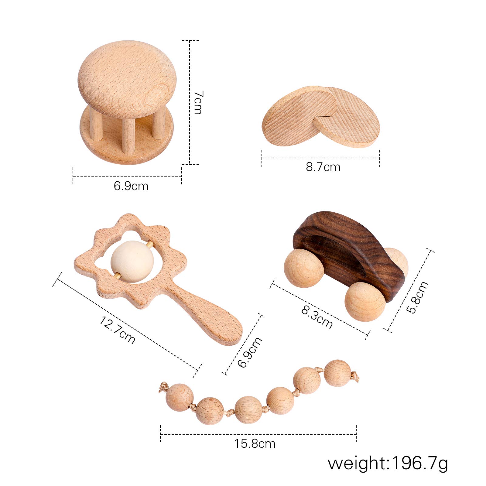Montessori Wooden Baby Toys Set for 0-6 Months - Wooden Rattles, Grasping Toys, Push Car, Handbells, Interlocking Discs - Perfect Newborn Infant Gifts for Sensory Play & Early Learning