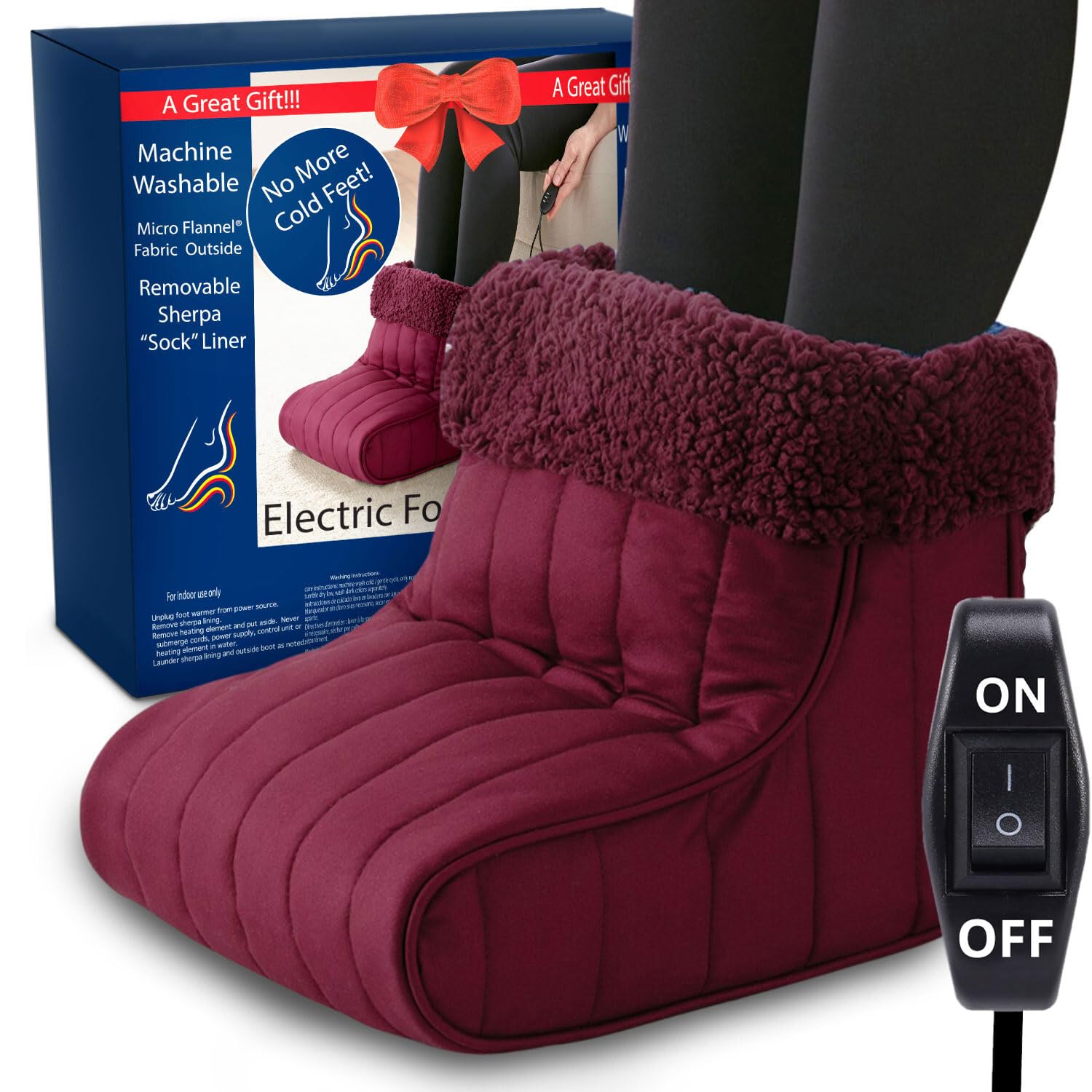 Thermee Micro Flannel Heated Foot Warmer - Electric Sherpa Fleece Foot Heater with 2-Hour Auto Shut-Off for Men & Women | Cozy Heated Slippers for Office, Home & Winter Use | Under Desk Foot Warmer in Burgundy