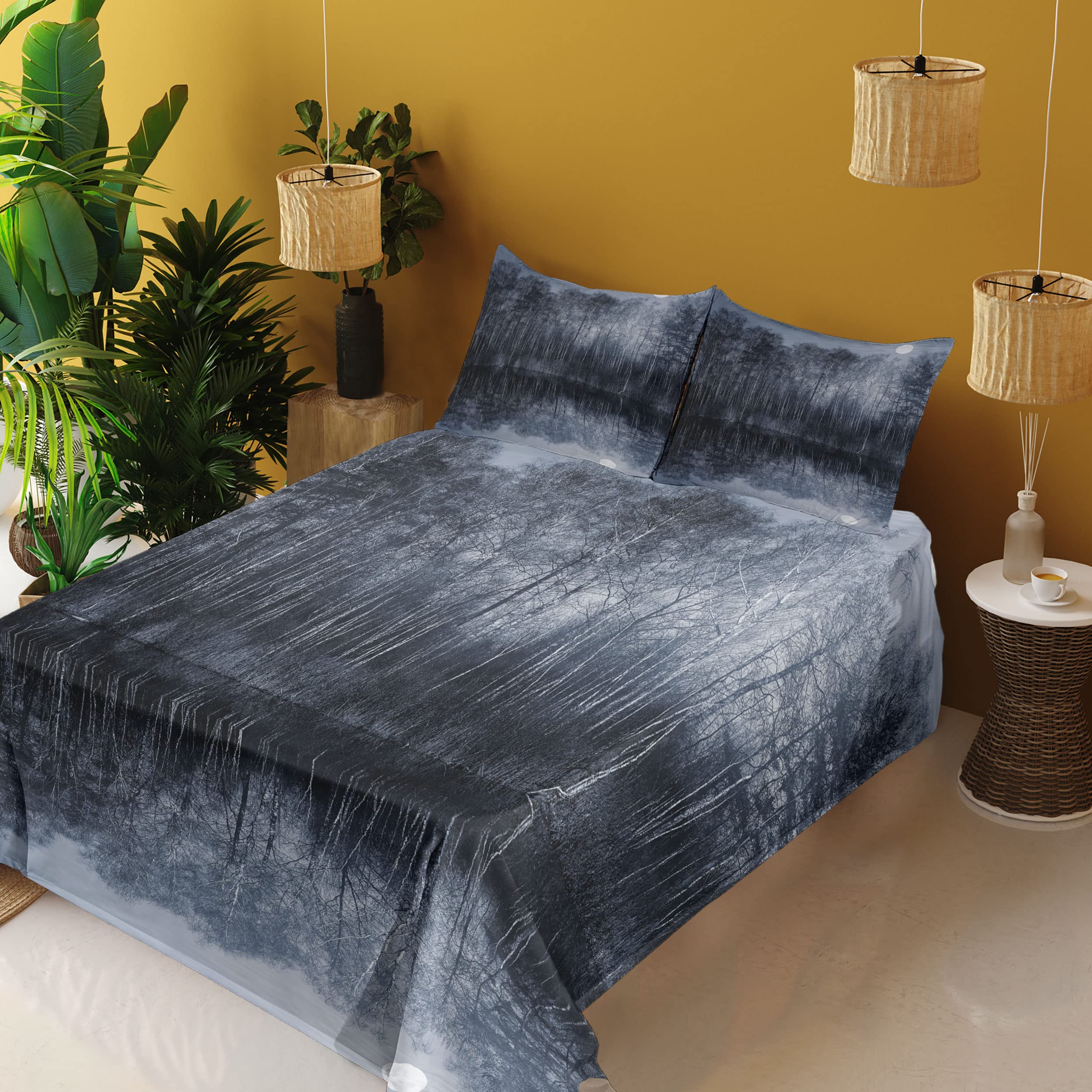 Ambesonne Nature 4-Piece King Sheet Set - Winter Forest Lake Landscape with Moon Print, Purple Blue & Black - Fitted & Flat Sheets with Pillowcases - Cozy Bedroom Decor for Cabin, Lodge & Nature-Themed Rooms