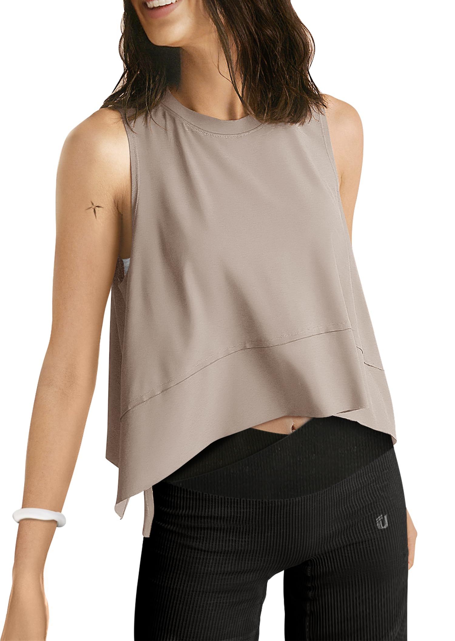 UEU Women's Cropped Tank Tops - Yoga & Workout Athletic Shirts - Summer Flowy Split Side Slit Oversized Sleeveless Tee for Gym, Running & Casual Wear