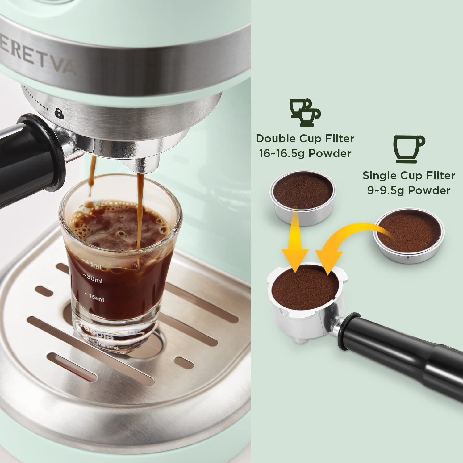 Neretva 20 Bar Espresso Coffee Machine with Steam Wand - Compact Home Espresso Maker for Latte, Cappuccino & Americano, 1350W Italian High Pressure Coffee Machine (Mint Green) - Perfect for Home Baristas & Coffee Lovers