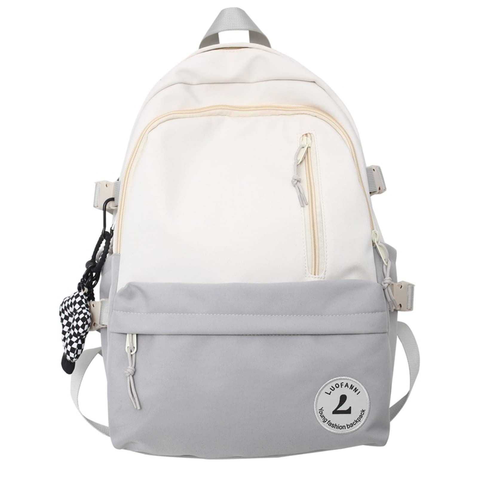 Stylish Unisex Black & White Plaid Check Backpack with Sunflower Pendant - Kawaii Japanese Daypack for School, Work & Travel - Laptop Shoulder Bag (Gray, One Size) - Perfect for College Students, Office Commuters & Anime Fans