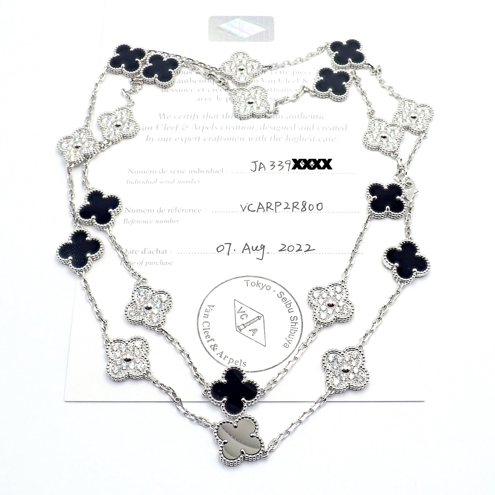 Van Cleef & Arpels 18k Gold 20 Motif Vintage Alhambra Diamond Onyx Necklace with Certificate - Luxury Jewelry for Women, Perfect for Weddings, Anniversaries & Special Occasions