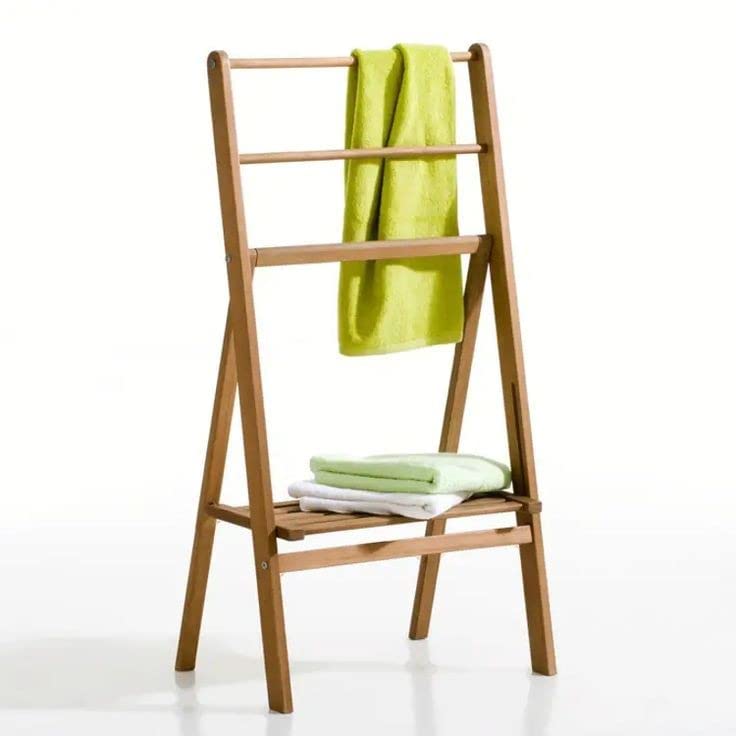 Freestanding Wooden Towel Rack - 3 Tier Bathroom Towel Holder with Shelf | Multi-Purpose Ladder Towel Stand for Bedroom, Gym, Kitchen | Space-Saving Hand Towel Organizer for Home & Spa Use
