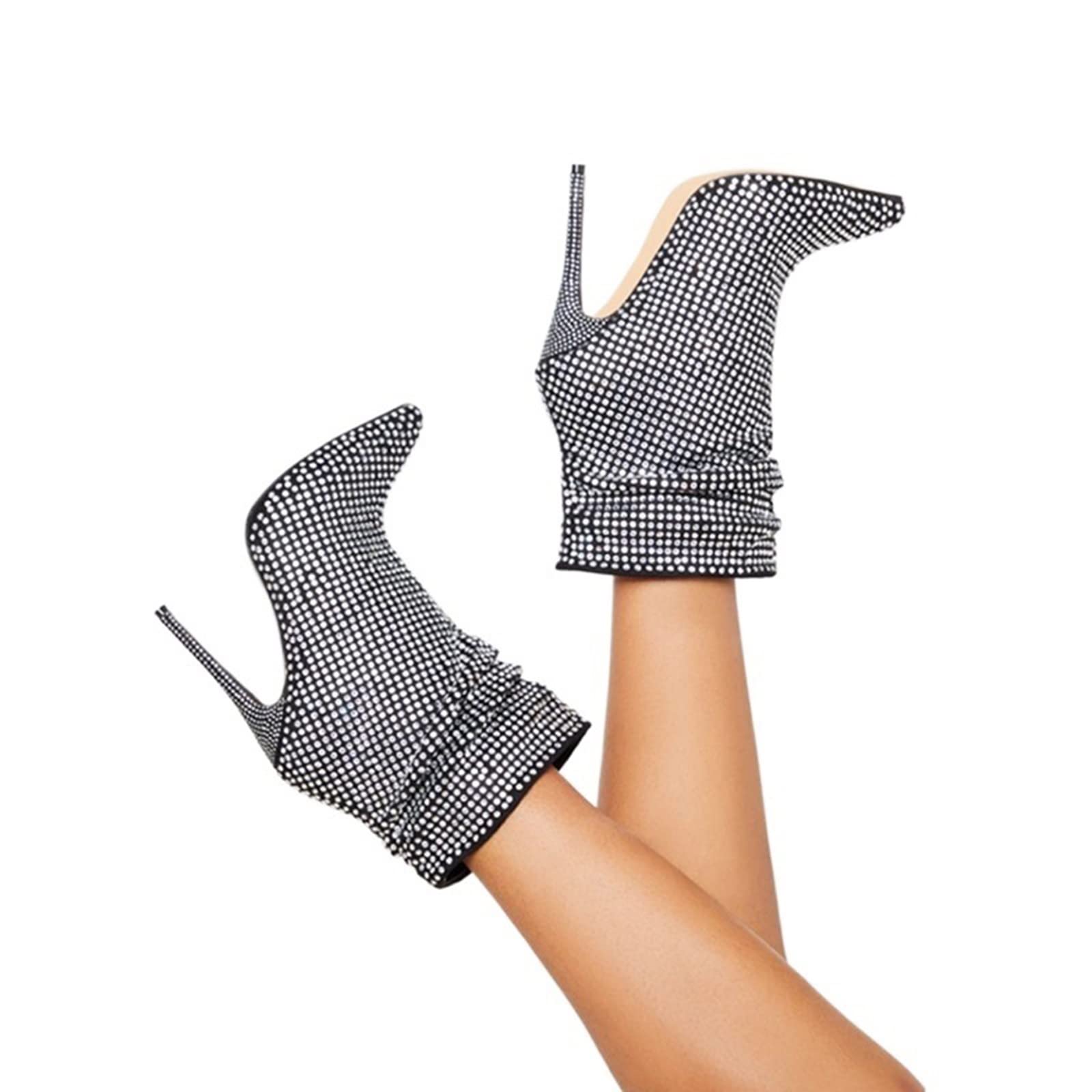 Stylish Women's Rhinestone Stiletto Heel Ankle Boots - Fashion Mid-Calf Boots for Party & Evening Wear - Comfortable Large Size Spring & Autumn Boots for Women - Perfect with Dresses, Jeans & Office Attire