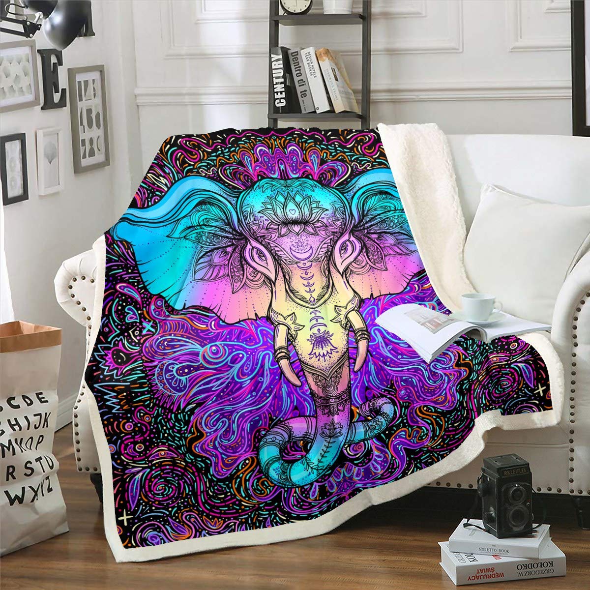 Boho Elephant Sherpa Fleece Blanket - Colorful Bohemian Style Plush Throw with Ethnic Elephant Print, 90