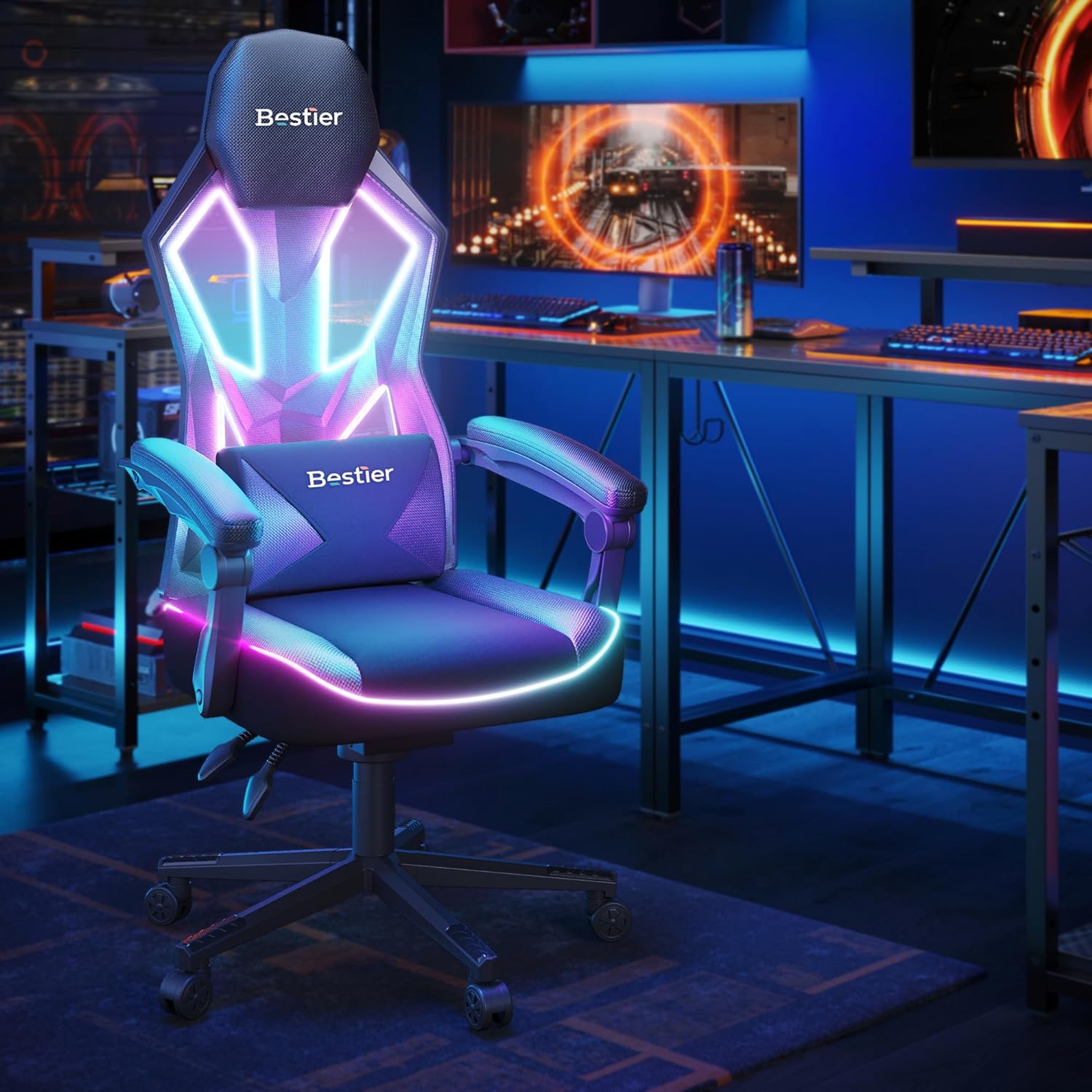 Bestier Ergonomic Gaming Chair with RGB LED Lights - Adjustable Height & Lumbar Support for PC Gamers - Perfect for Esports, Streaming & Home Office Setup