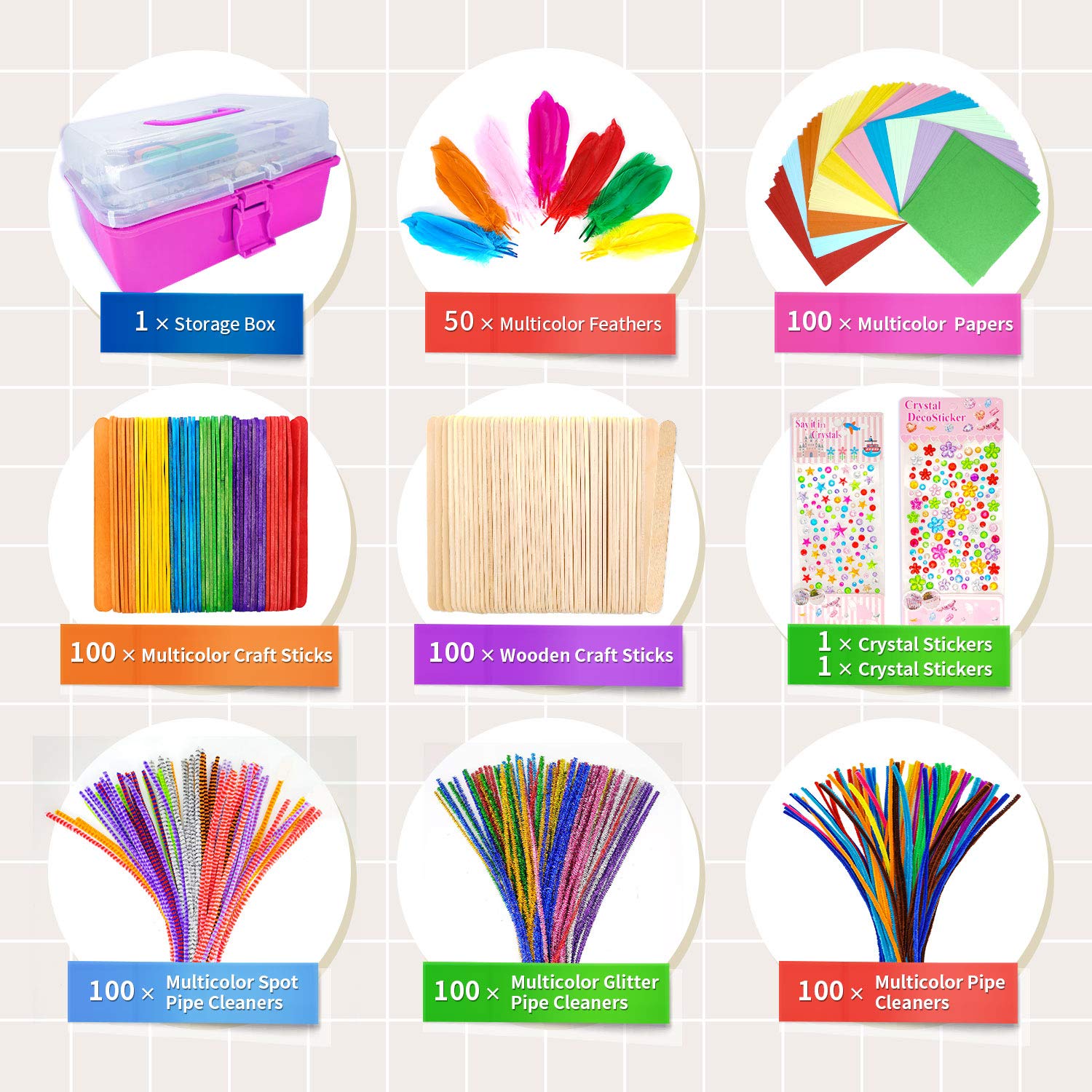 1405 Pcs Kids Craft Kit - DIY Art Supplies for Toddlers & Children with Pipe Cleaners, Pom Poms, Feathers & Storage Box | Creative Gift for School Projects, Birthday Parties & Home Activities (Rose Red)