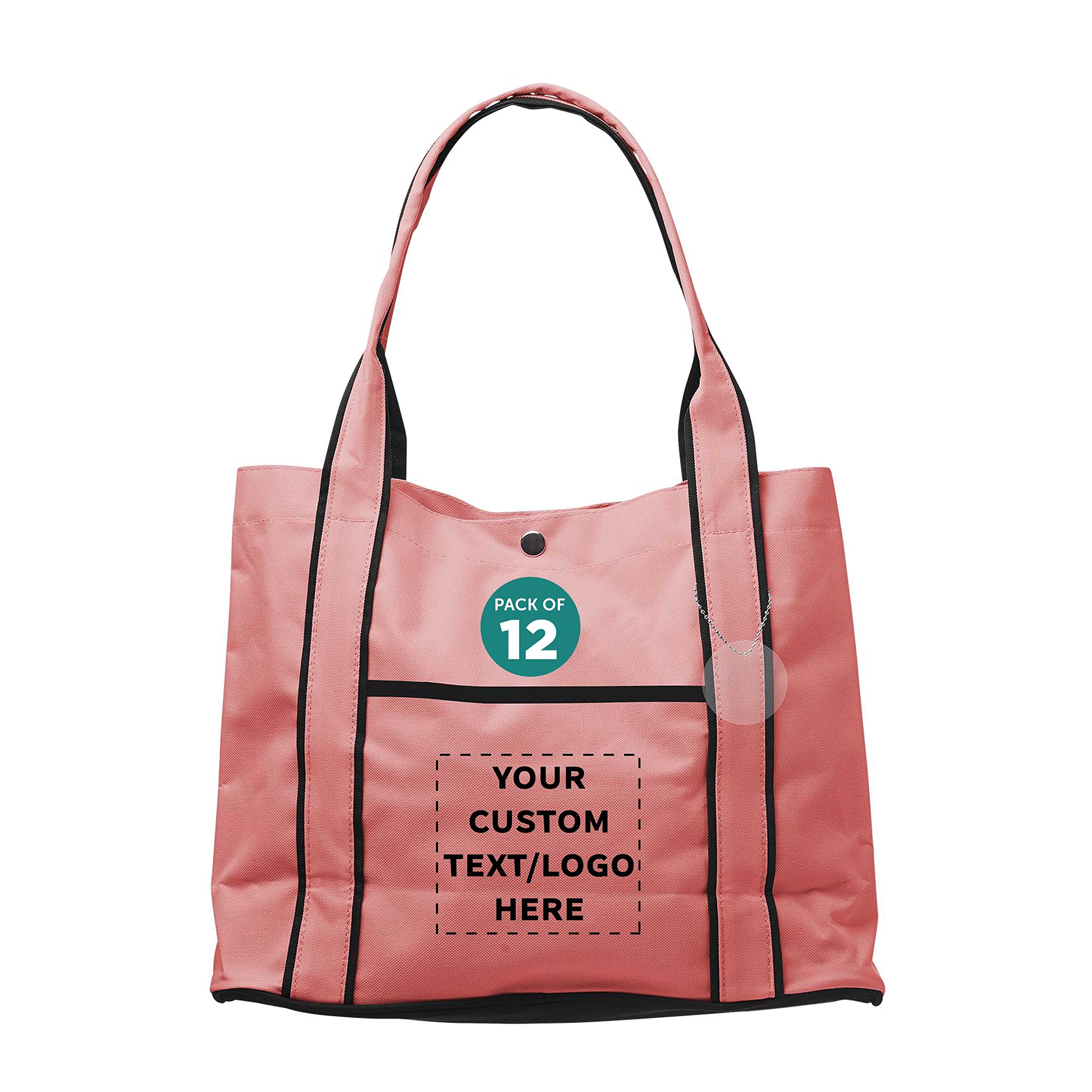 Custom Personalized Polyester Tote Bags Bulk Pack - Set of 12 with Reinforced Straps & Snap Button - Fashionable Pink Totes for Shopping, Beach, Work & Everyday Use
