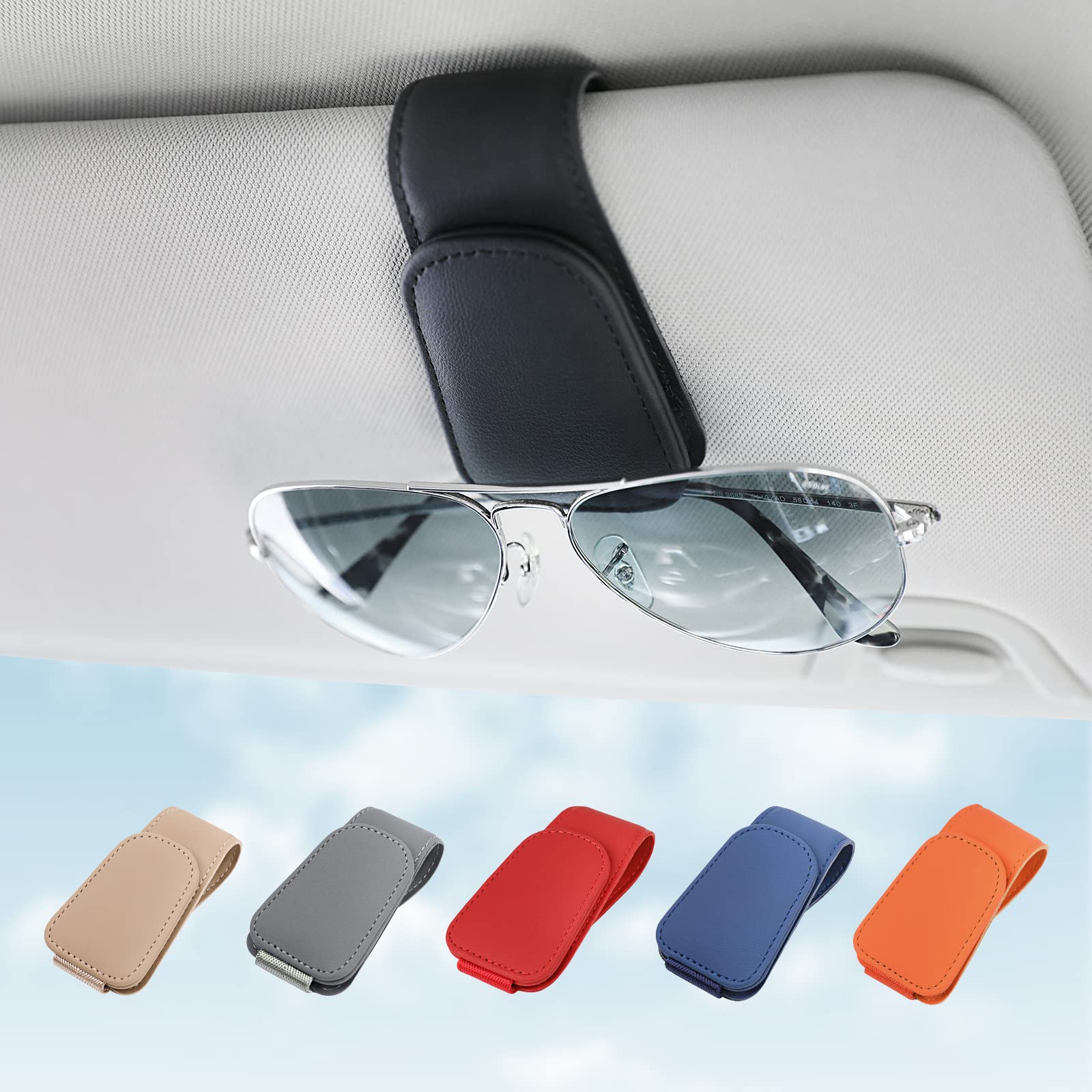 KanSmart Magnetic Sunglass Holder for Car Sun Visor - Universal Leather Eyeglass Clip with Ticket Card Holder - Auto Interior Accessories for Car, SUV, Truck & Pickup (Black) - Perfect for Road Trips & Daily Commutes