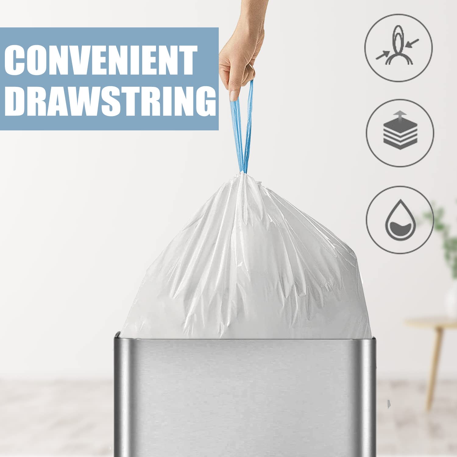 4 Gallon Small Trash Bags with Drawstring - Unscented Tear-Resistant Bathroom Garbage Bags (57 Count, White) - Perfect for Bathrooms, Offices, Dorm Rooms & Small Spaces