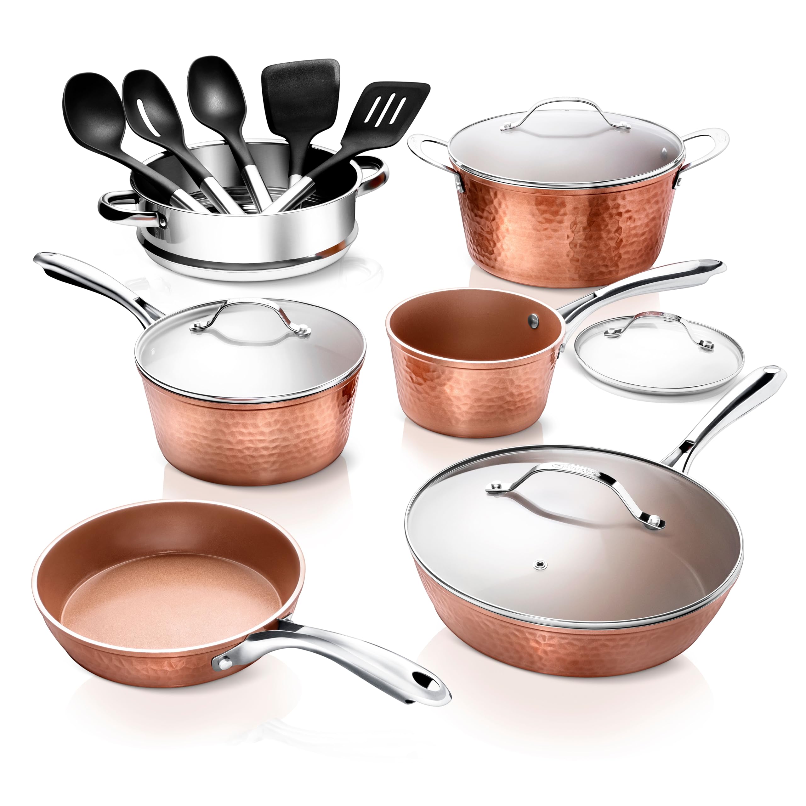GOTHAM STEEL Hammered 15-Piece Ceramic Nonstick Cookware Set - Copper Pots and Pans Kitchen Set with Utensils, Deep Cookware for Frying, Boiling & Sauteing | Oven & Dishwasher Safe, PFOA-Free Non-Toxic Cookware for Healthy Cooking | Perfect for Family Meals, Entertaining & Everyday Kitchen Use