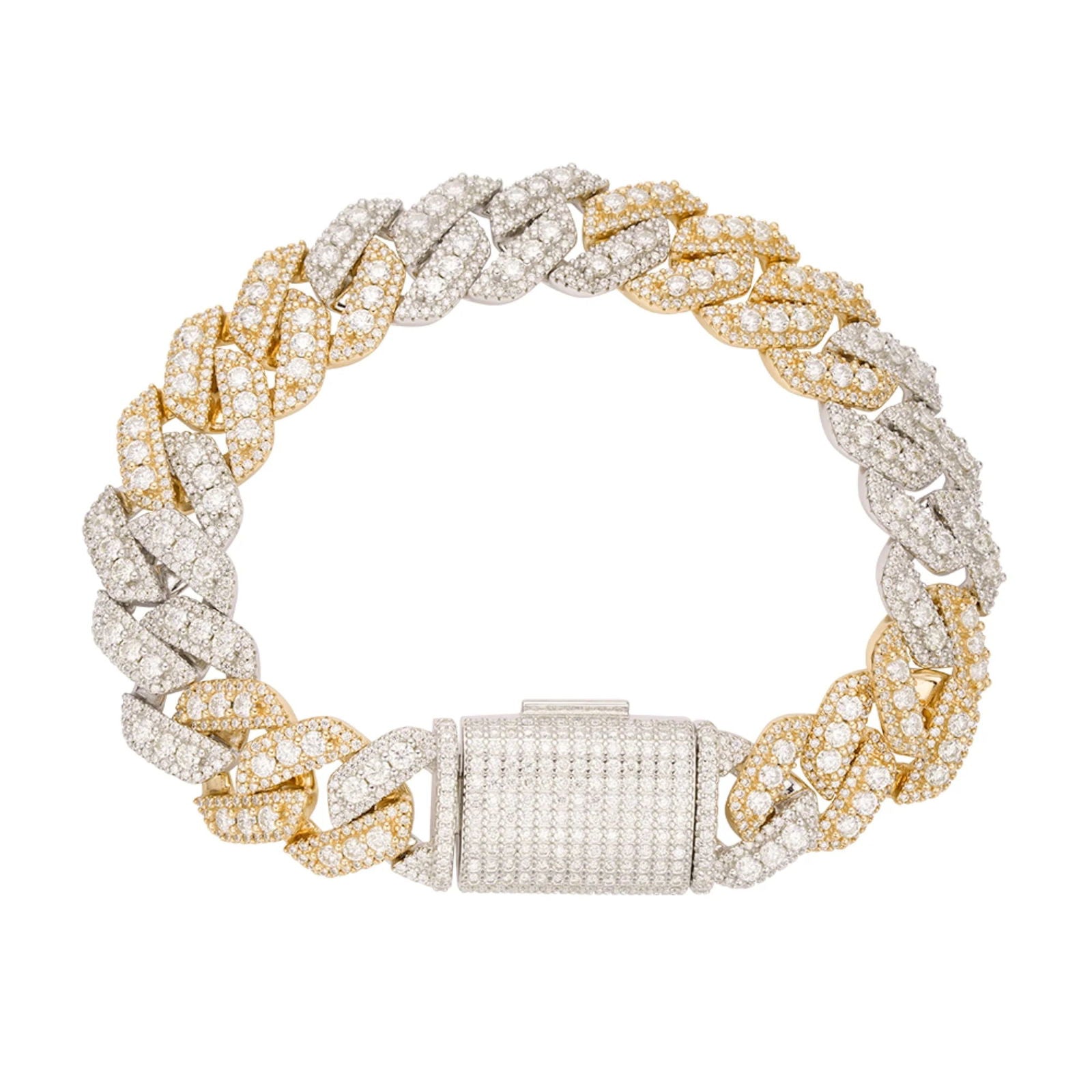 Moissanite Miami Cuban 2 Tone 14mm Bracelet - 925 Sterling Silver Icy Prong Setting | Luxury Jewelry for Women, Perfect for Parties, Weddings & Special Occasions