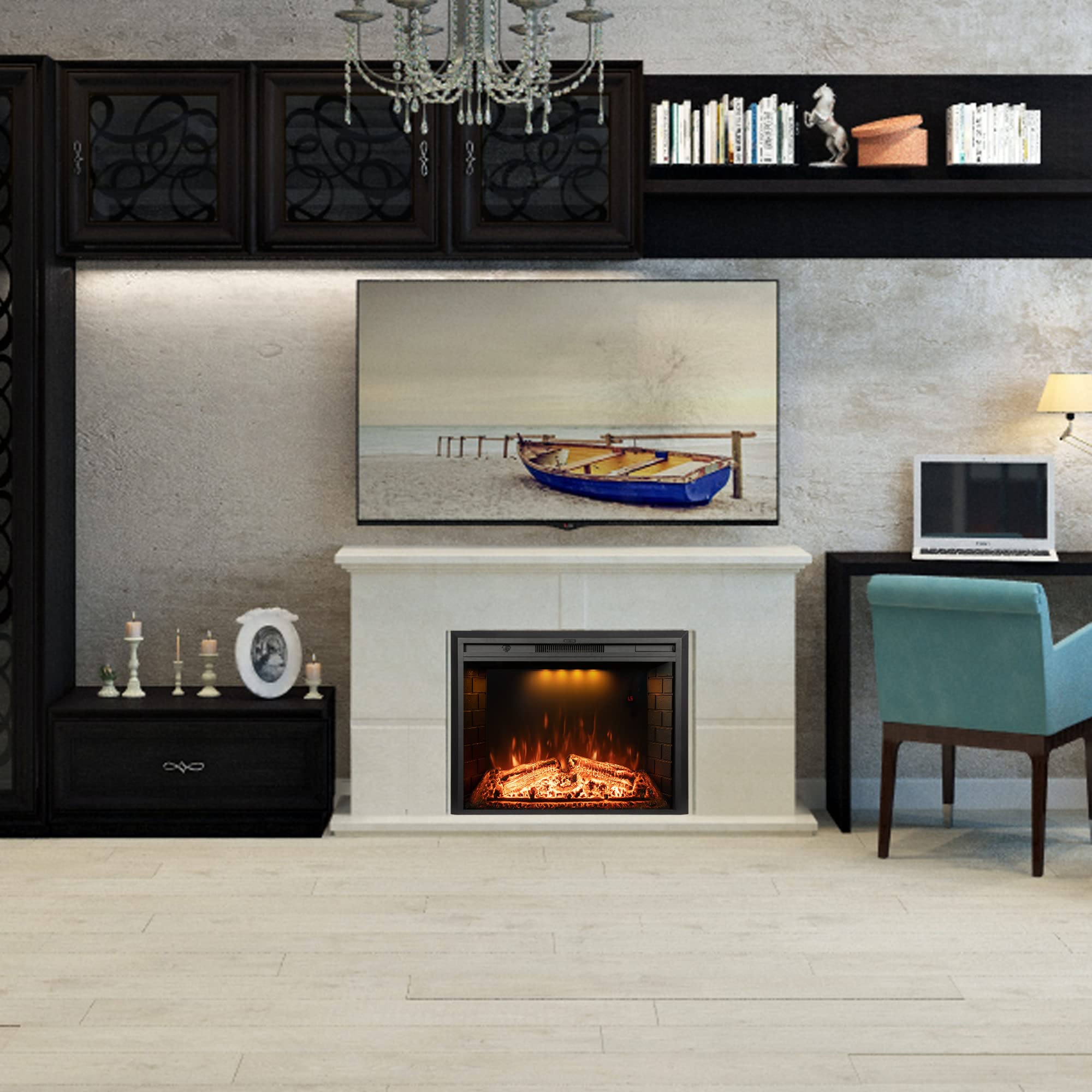 30 Inch Electric Fireplace with Remote Control - Realistic Log & Crackling Sound - 750W/1500W Wall Mounted Heater with Overheat Protection & Timer - Perfect for Living Room, Bedroom, or Office (Black)