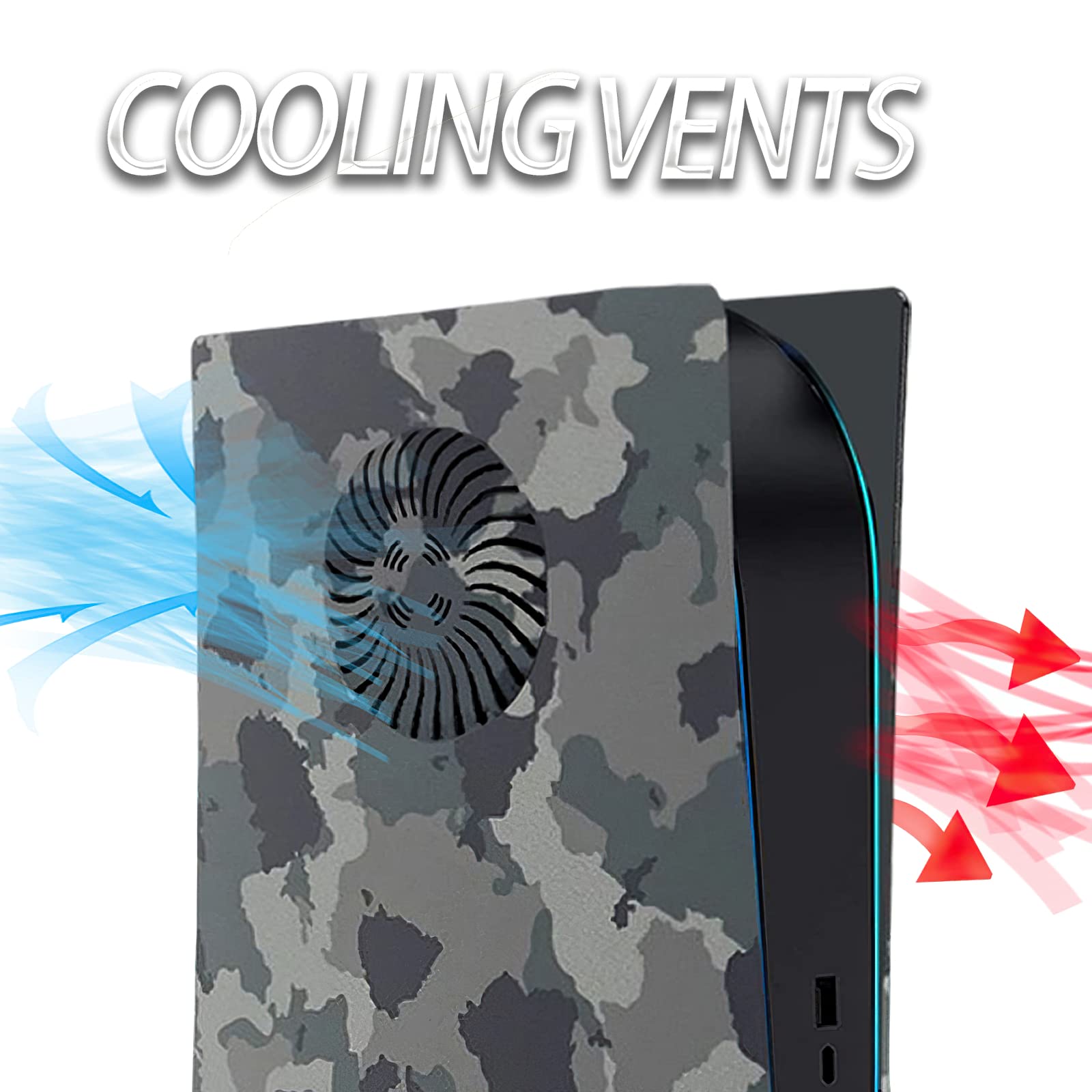 Cooling Vent Cover Plates for PS5 Disc Edition Console - Gray Camouflage Protective Faceplates & Side Panels Replacement | Enhance Airflow for Better Gaming Performance