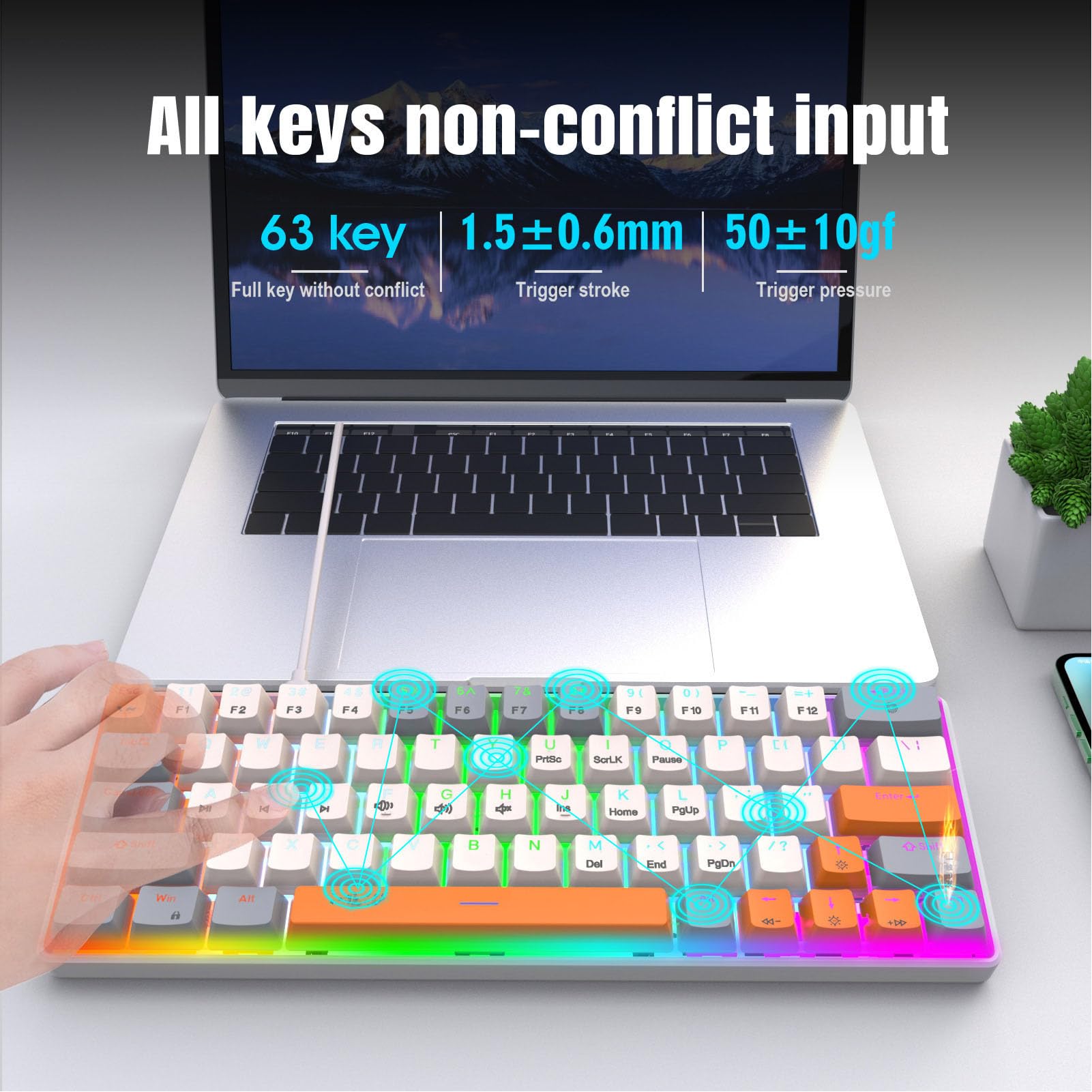 Bewinner 63-Key Mechanical Gaming Keyboard with Red Switches, USB Wired Compact Backlit Keyboard for PC & Windows - Perfect for Esports, Office Work & Typing