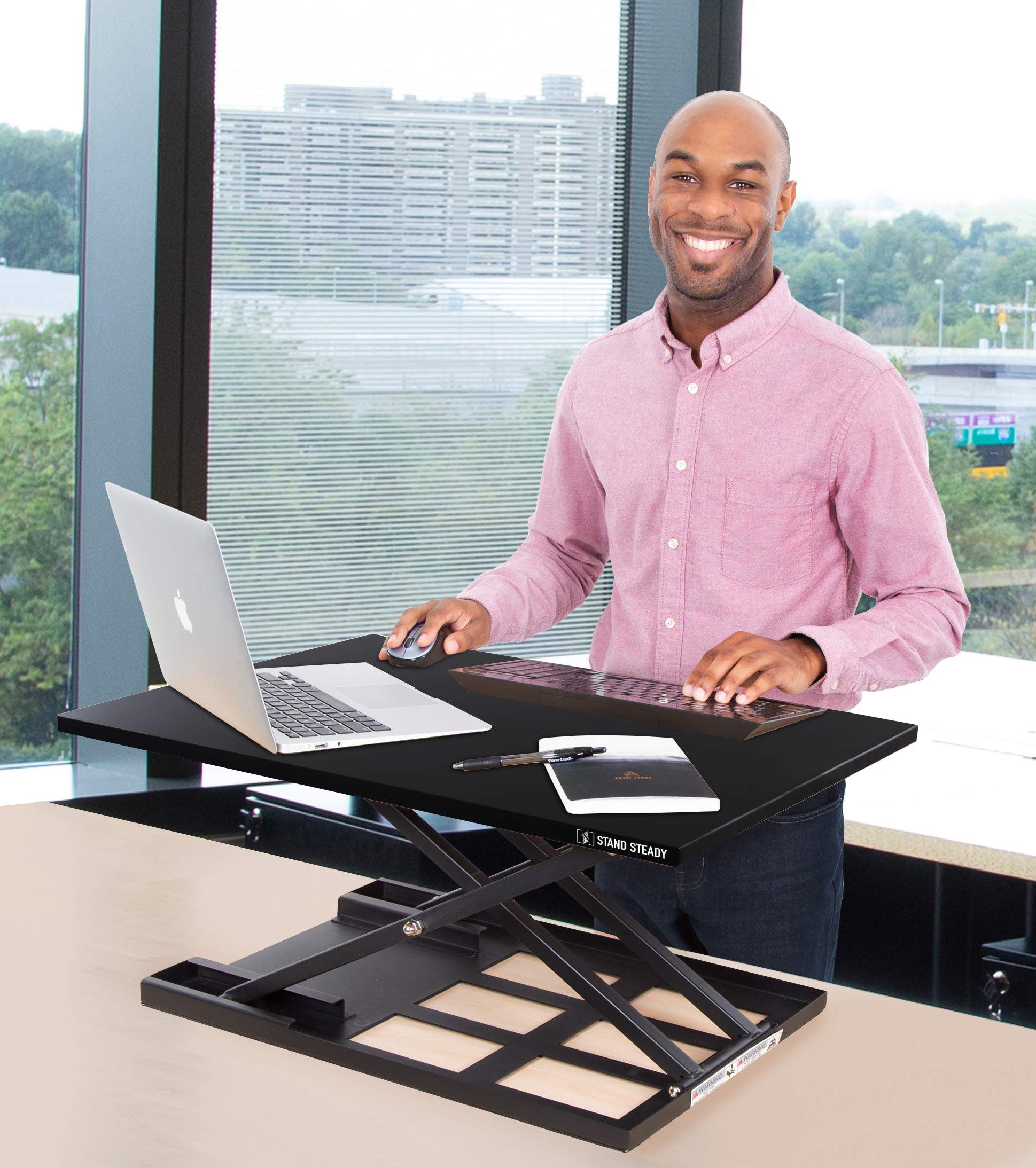 Stand Steady X-Elite Pro Ergonomic Adjustable Standing Desk Converter - 28x20 Inch Height Adjustable Laptop Riser for Home Office Workstation - Perfect for Sit-Stand Work Setup with Computer Monitor (Black)