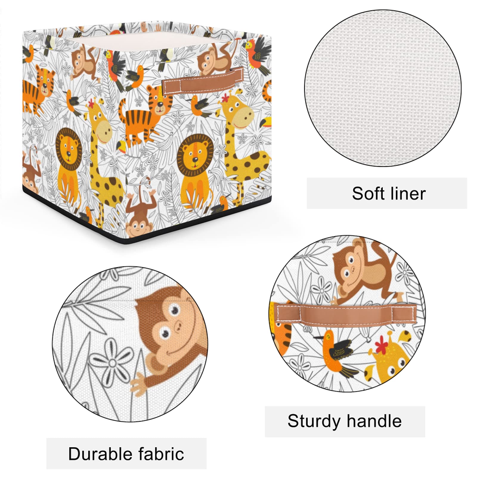 Cute Animal Storage Cube Bin - Giraffe, Lion, Monkey Design - 13×13 Inch Large Collapsible Fabric Storage Basket with Handles - Perfect for Closet Organization, Nursery Toy Storage, Shelves & Home Decor