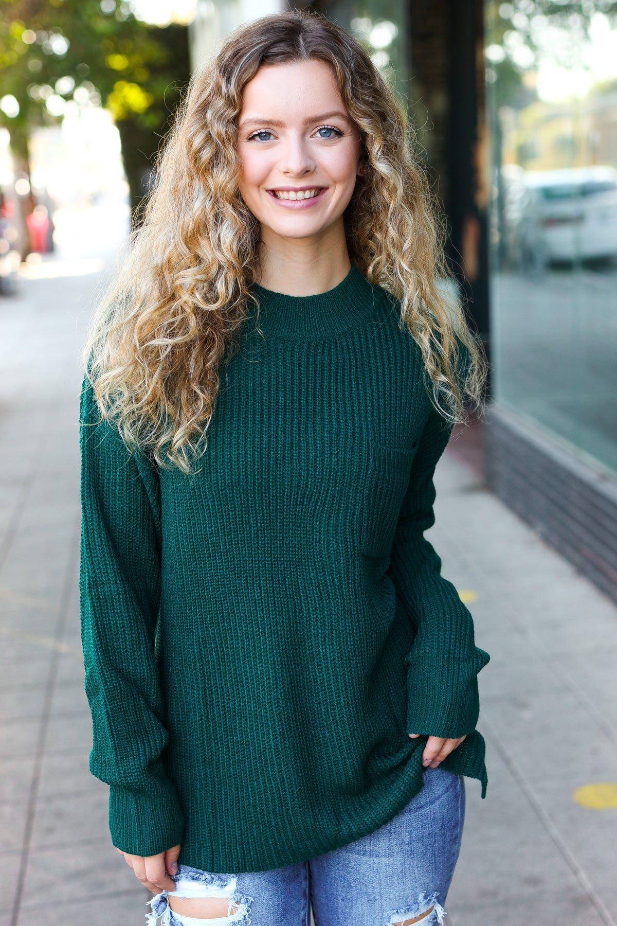 Stylish Hunter Green Mock Neck Knit Sweater with Chest Pocket - Cozy Winter Wear for Women | Perfect for Casual Outings & Office Attire