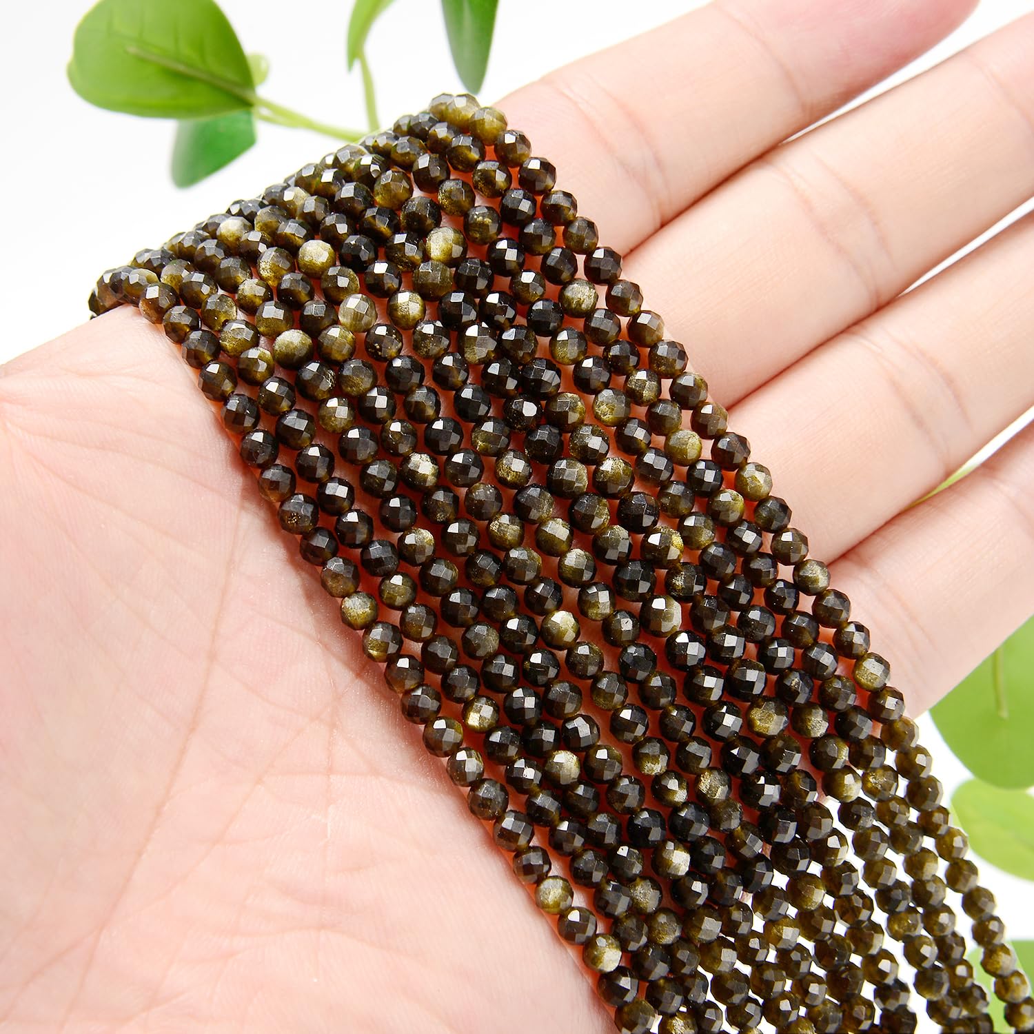 Natural Gold Obsidian Gemstone Beads 4mm Round Diamond-Cut Micro-Faceted DIY Jewelry Making Supplies for Necklaces, Bracelets & Craft Projects