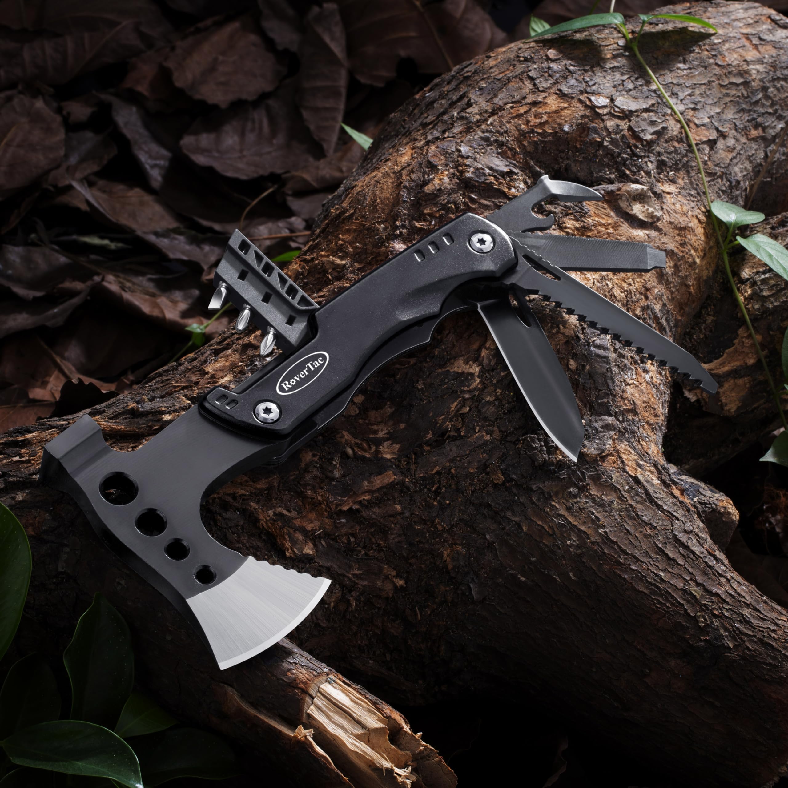 RoverTac 11-in-1 Multi Tool Camping Axe with Knife, Hammer, Saw & Bottle Opener - Survival Gear for Men - Perfect for Camping, Hiking & Outdoor Adventures