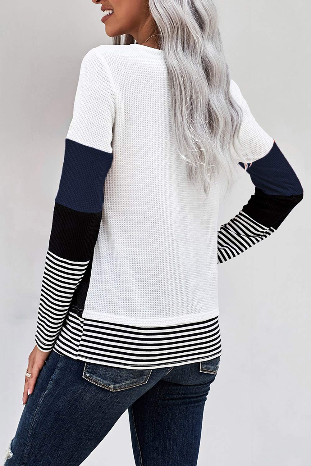 KINGFEN Women's Long Sleeve Color Block Striped Crewneck T-Shirt | Waffle Knit Casual Sweater Top | Perfect for Fall Layering, Office Wear & Weekend Outfits