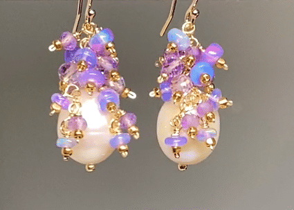Lavender Blue Opal and Pearl Cluster Earrings - Gold Filled Dangle Earrings for Women - Perfect for Weddings, Parties & Special Occasions