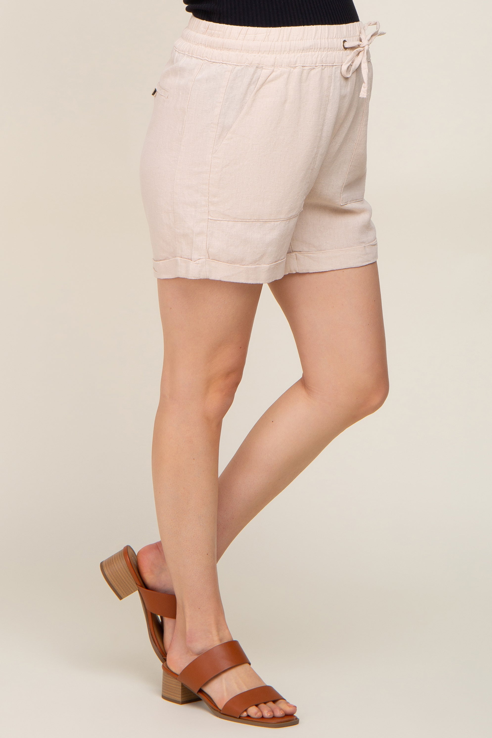 Beige Maternity Shorts with Drawstring Waist & Cuffed Hem - Comfortable Pregnancy Shorts for Summer, Lounge & Outdoor Activities
