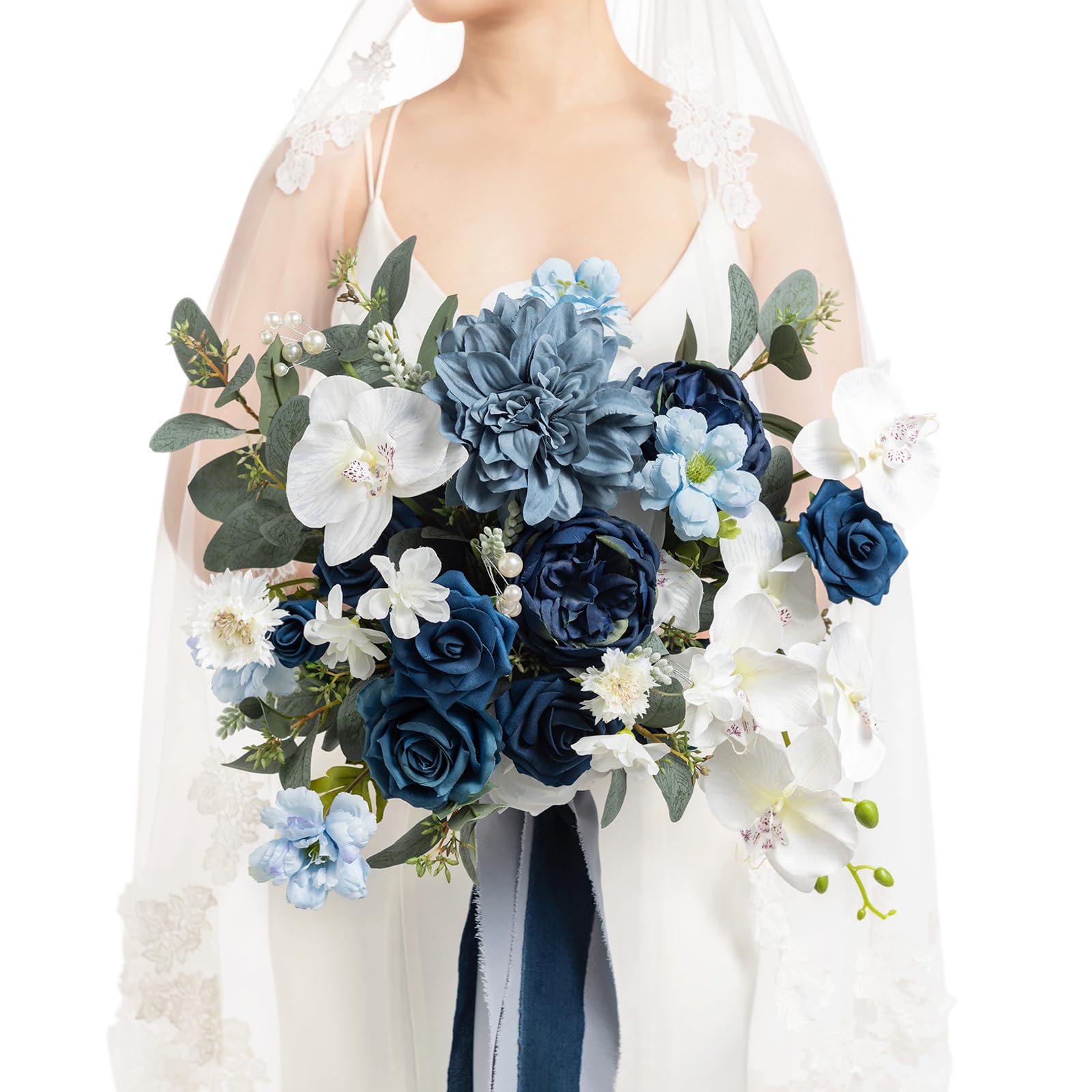 Ling's Moment Navy Blue Silk Bridal Bouquet - 13 Inch Realistic Wedding Bouquet for Brides, Bridesmaids, Flower Girls - Perfect for Weddings, Ceremonies, Anniversaries, Vow Renewals & Photo Shoots