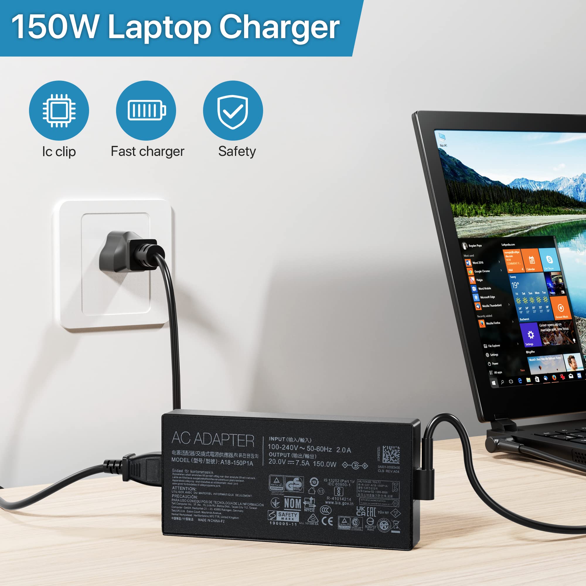 Original ASUS 150W AC Adapter ADP-150CH B - Replacement Laptop Charger for ASUS TUF Gaming Series - 150W Power Cord - Perfect for Gaming, Work & Travel