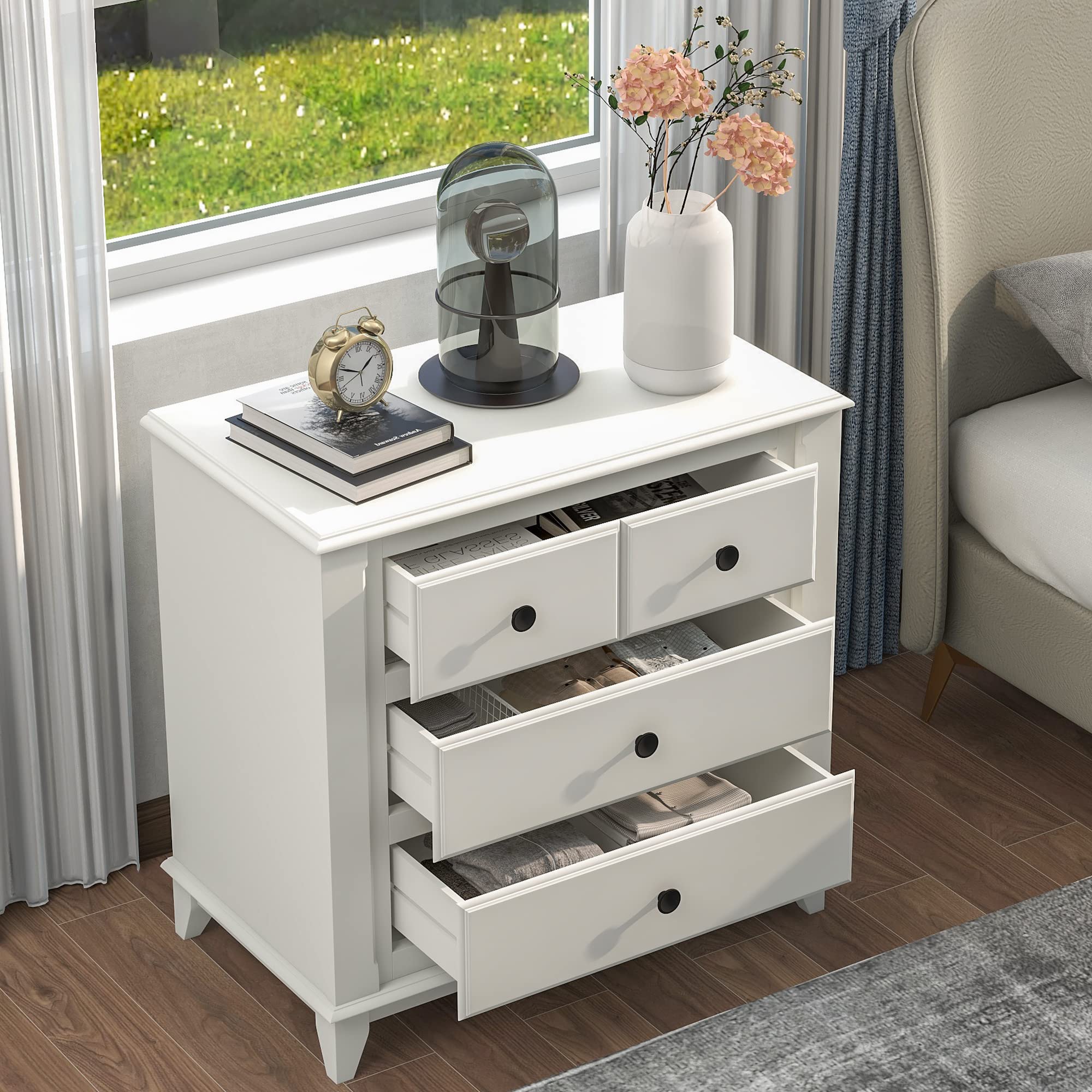 Mid Century Modern Nightstand - Wooden Bedside Table with Drawer & Shelf, White - Stylish End Table for Bedroom Storage & Living Room Decor
